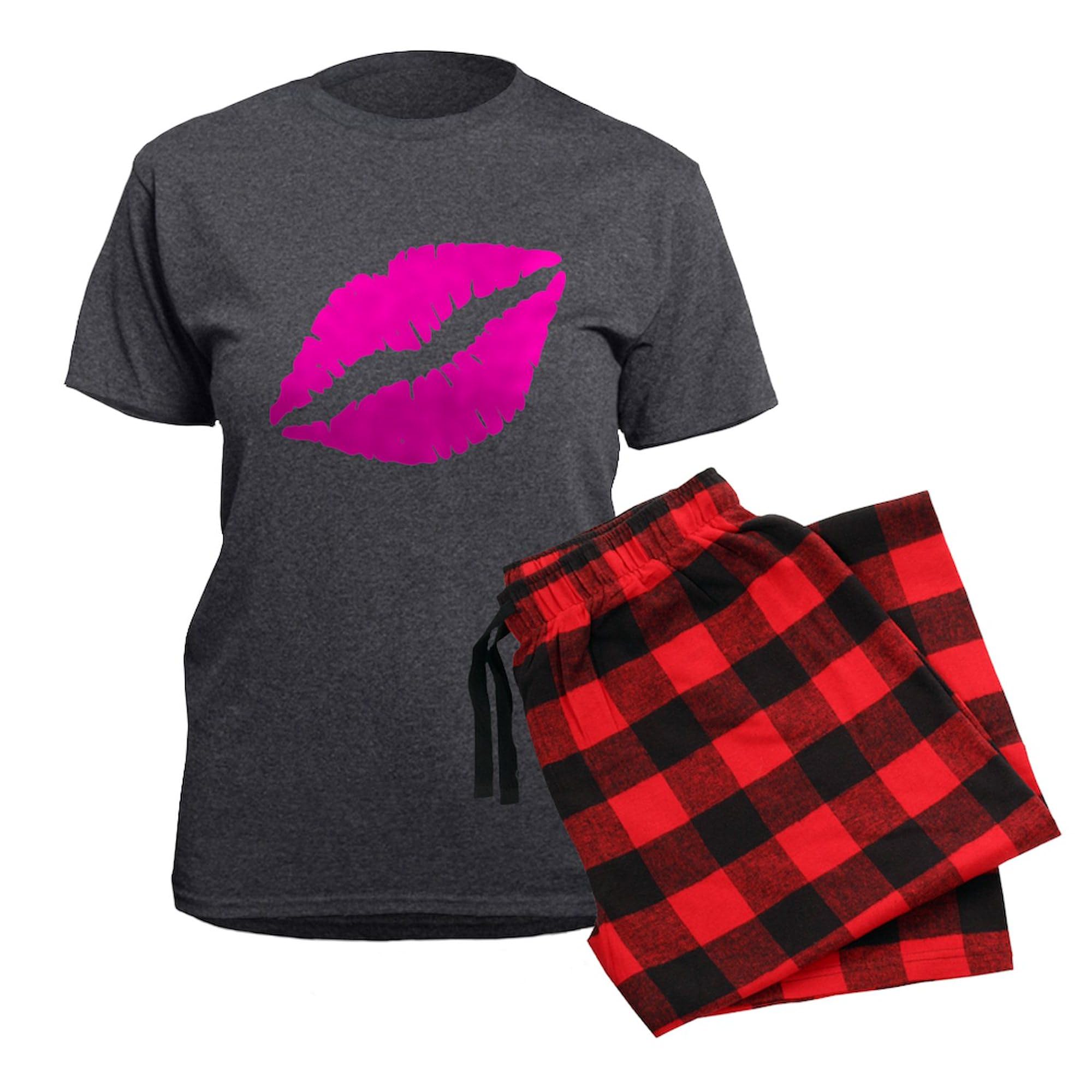 Sexy Pink Lips Kiss Women's Charcoal Pajama Set - Soft & Comfortable Novelty Sleepwear for Women | Perfect for Valentine's Day, Bachelorette Parties & Cozy Nights