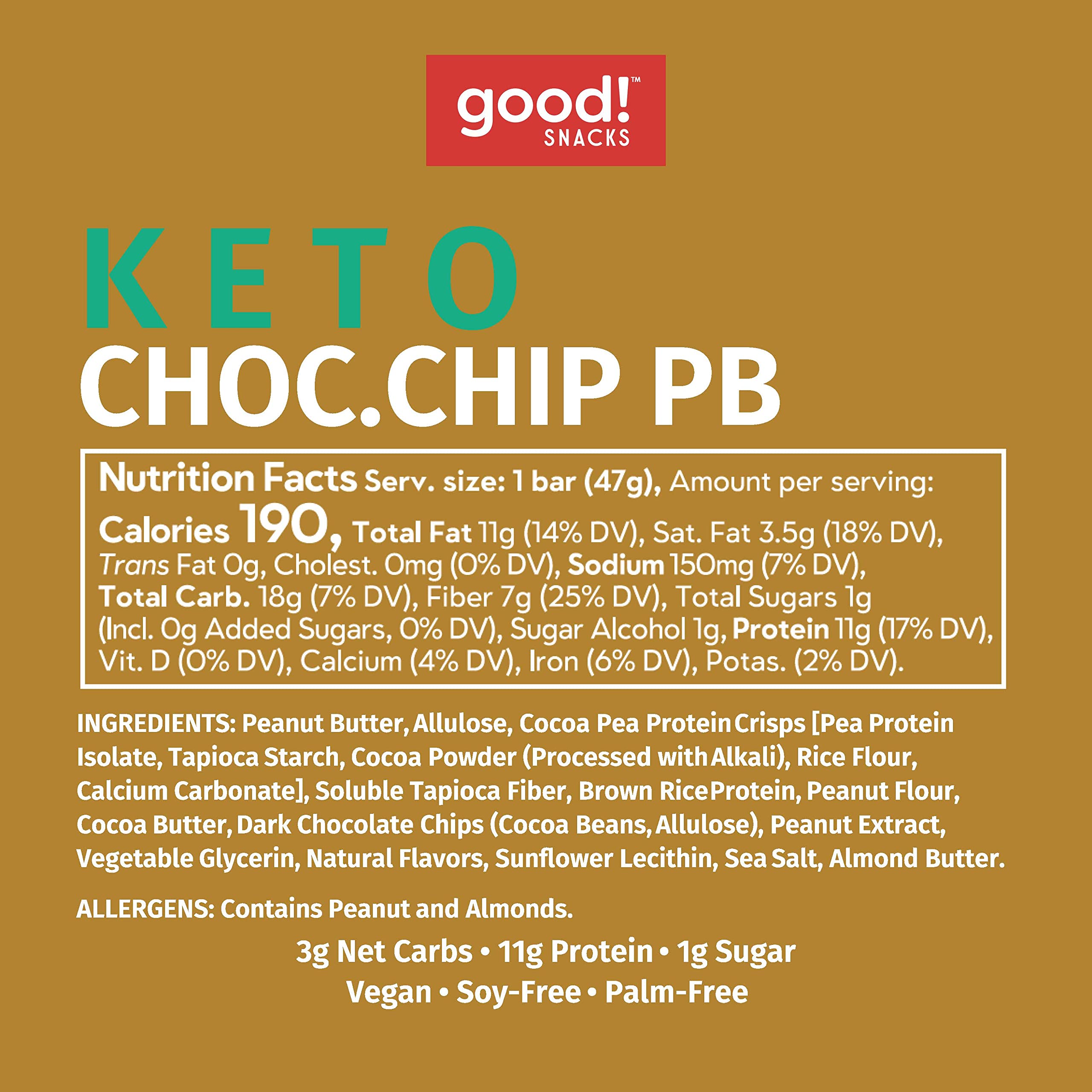 Keto Vegan Protein Bars - Chocolate Chip Peanut Butter, Gluten Free Low Carb Snack (12 Bars) | High Protein (11g), Low Sugar (3g Net Carbs) Meal Replacement for Weight Loss & Fitness | Perfect for On-the-Go, Workout Recovery & Healthy Snacking