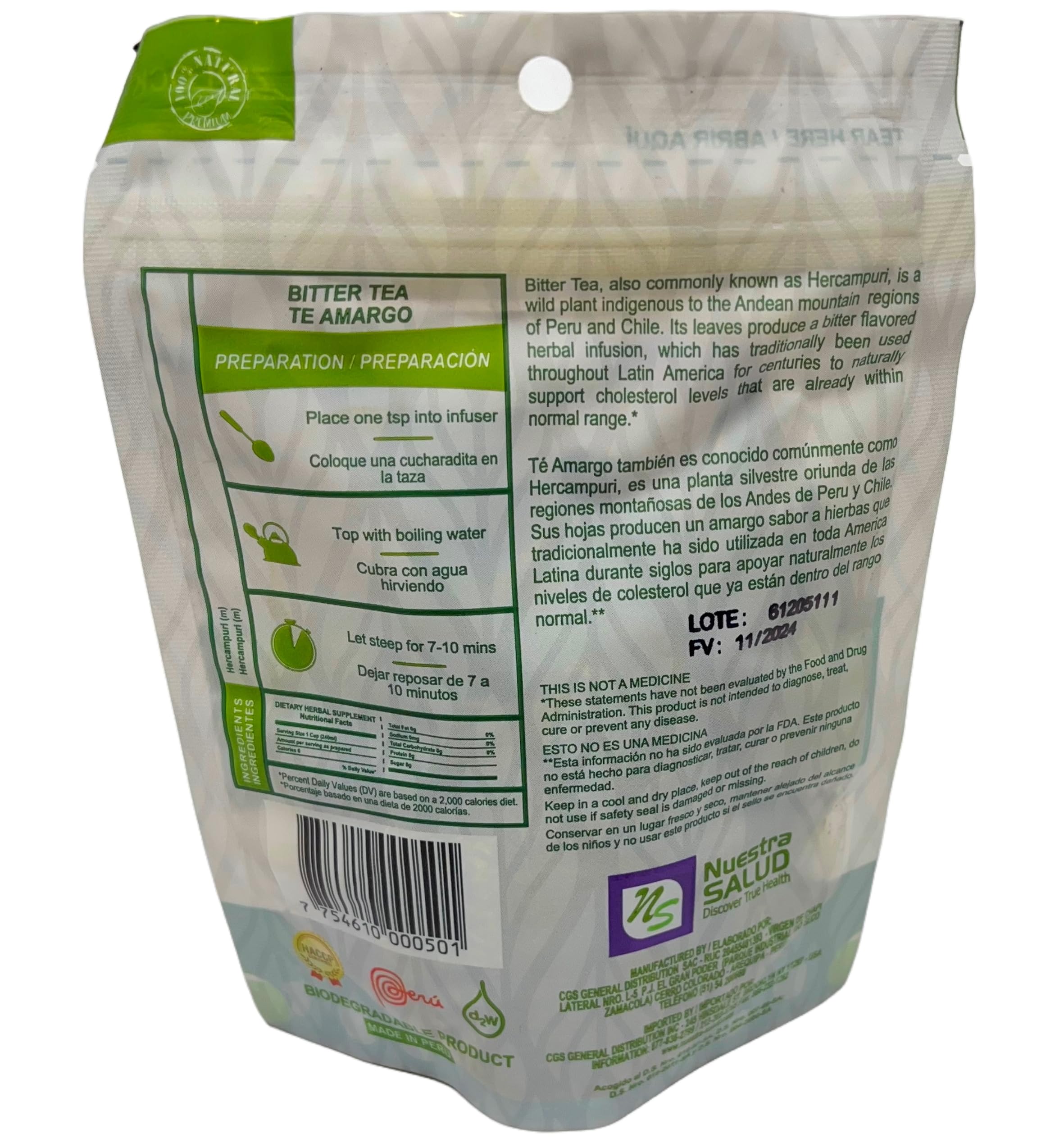 Nuestra Salud Bitter Tea - Herbal Infusion with Hercampuri Macho (40g x 3) | Detox & Digestive Benefits | Perfect for After Meals & Relaxation