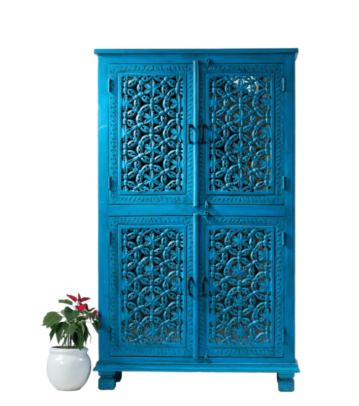 Hand Carved Solid Wood Armoire - Blue | Vintage Style Wardrobe for Bedroom & Closet Organization | Perfect for Home Decor & Storage Solutions