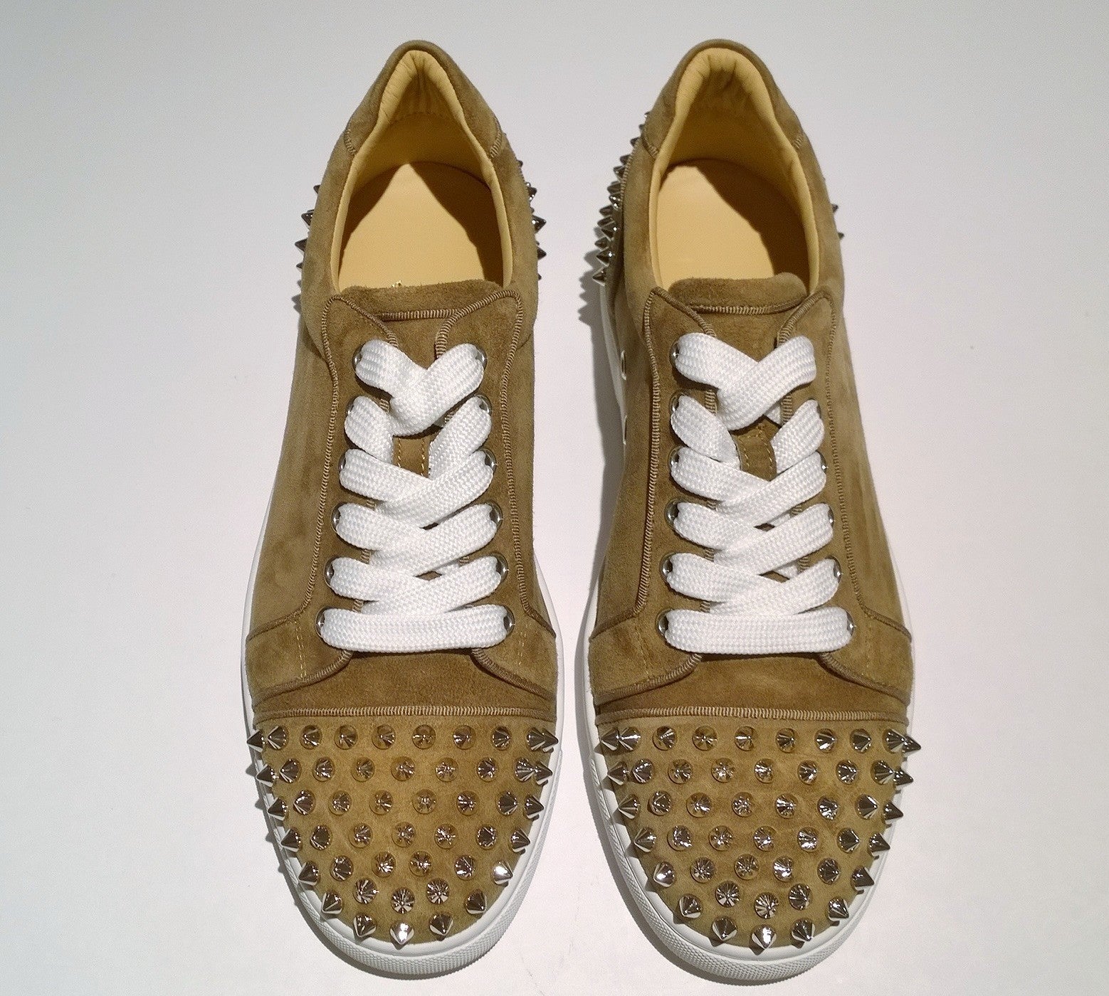 Christian Louboutin Vieira 2 Orlato Veau Fennec Suede Sneakers with Silver Spikes - Luxury Women's Fashion Trainers for Casual Wear & Night Out