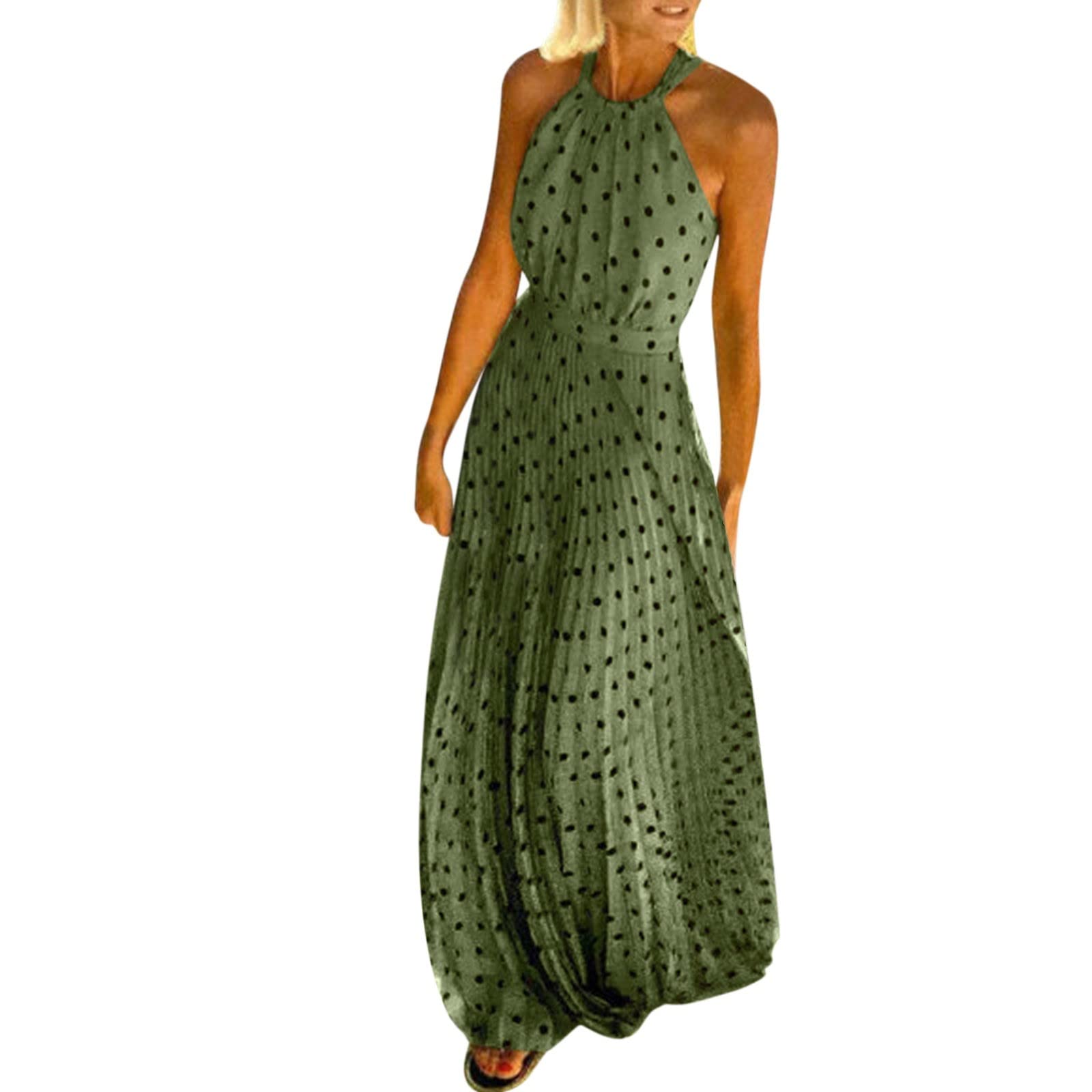 Women's Halter Polka Dot Print Maxi Dress - Sleeveless Pleated Backless Zipper Summer Dress for Beach Vacation, Party & Casual Wear