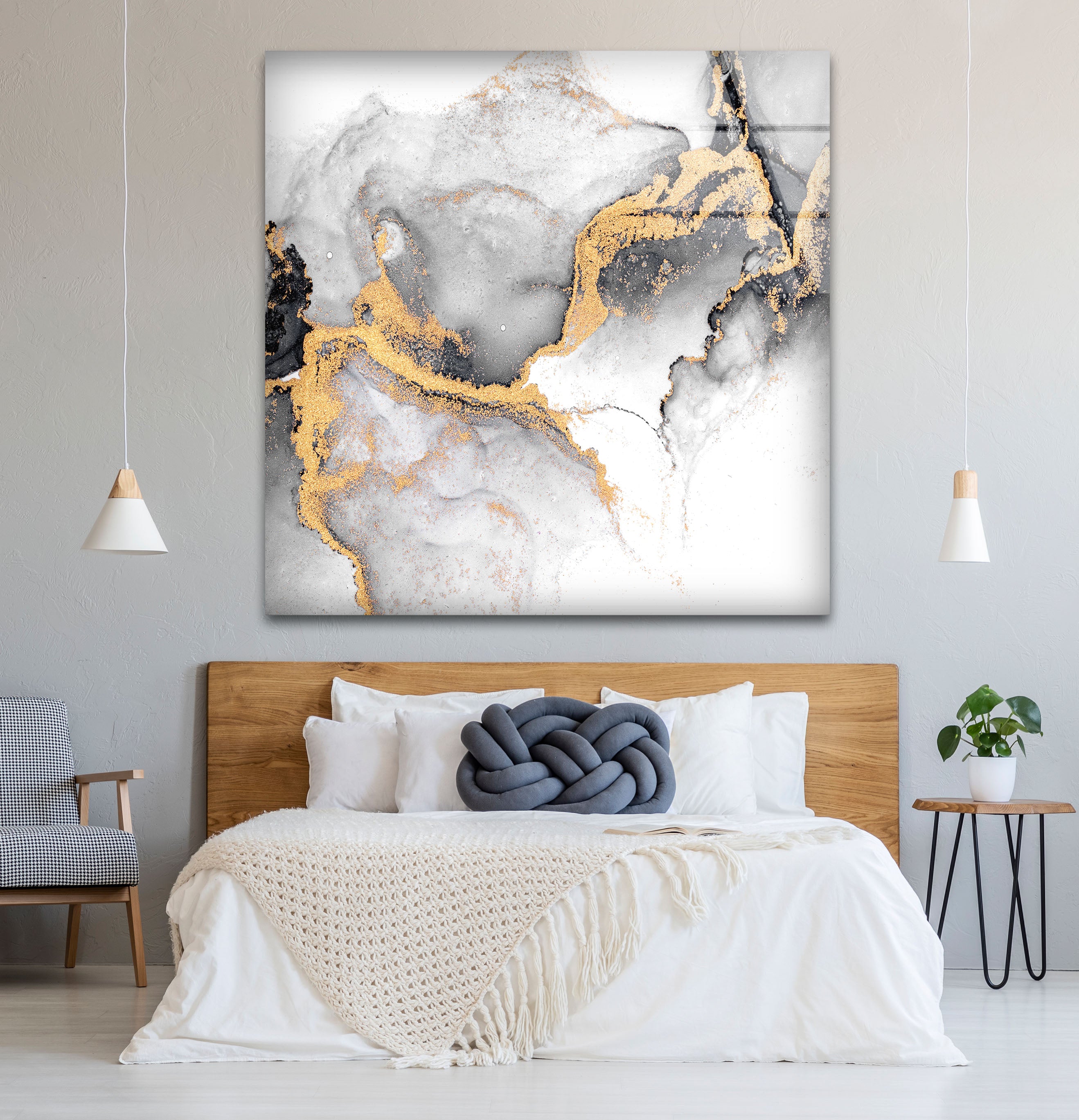 Black White and Gold Abstract Wall Art - Minimalist Glass Print for Modern Home & Office Decor | Perfect for Living Room, Bedroom & Office Spaces