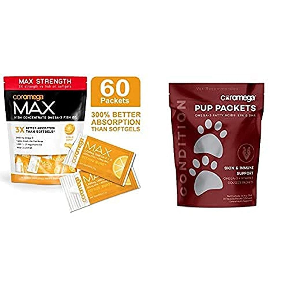 Coromega Omega 3 Fish Oil Bundle - 60ct MAX Omega-3 Fish Oil for Adults & 30ct Skin & Immune Support Fish Oil for Dogs | Heart Health & Pet Wellness Supplement for Daily Use at Home