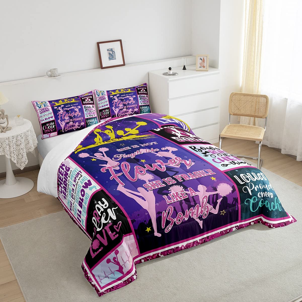 Cheerleader Gifts - Cheerleading Bedding Set for Girls & Teens, Full Size Quilted Duvet Cover with 2 Pillowcases - Perfect for Cheer Squad Dorms, Sleepovers & Game Day Decor