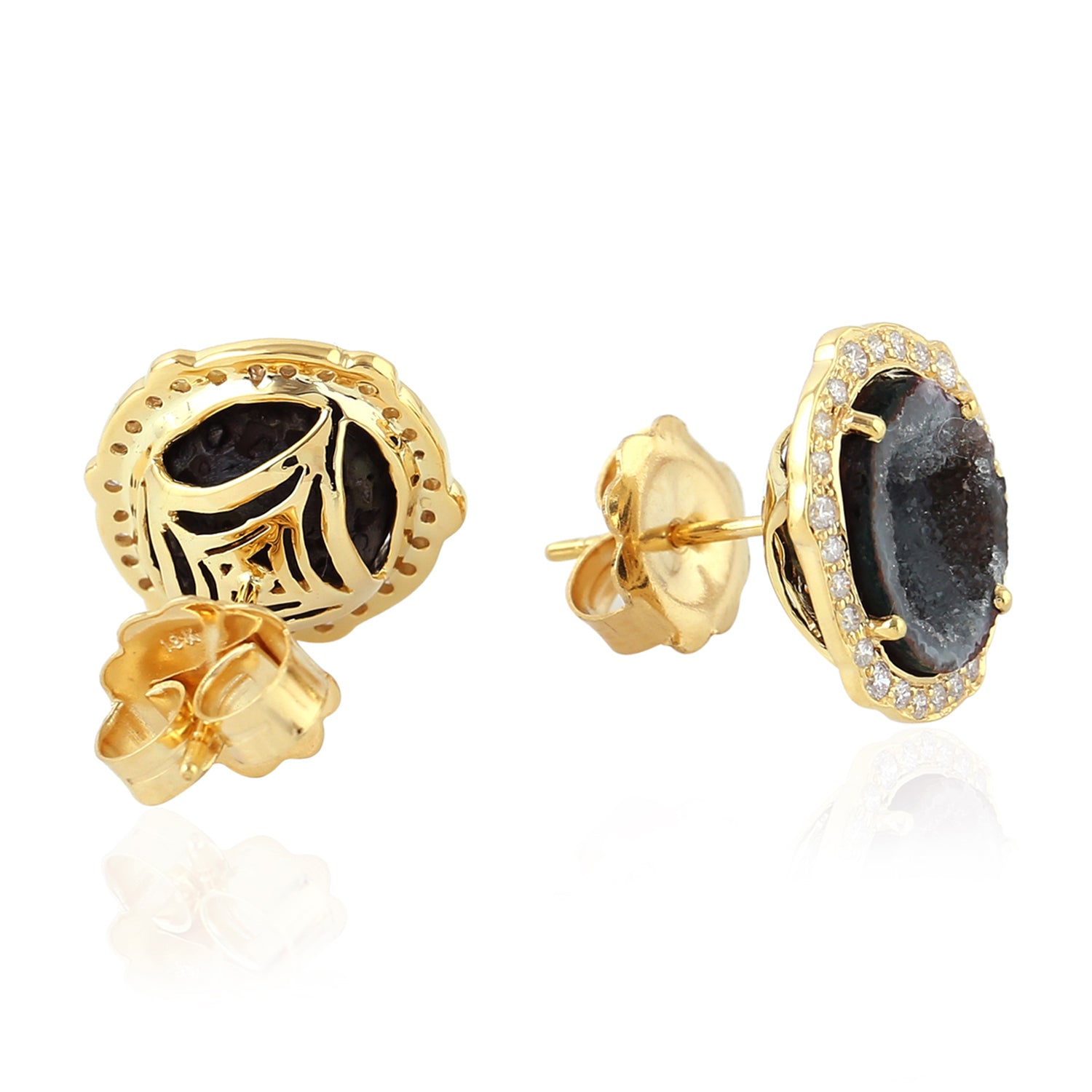18K Yellow Gold Pave Diamond Uneven Geode Gemstone Stud Earrings for Women | Elegant Handmade Jewelry Gift for Anniversary, Birthday & Special Occasions