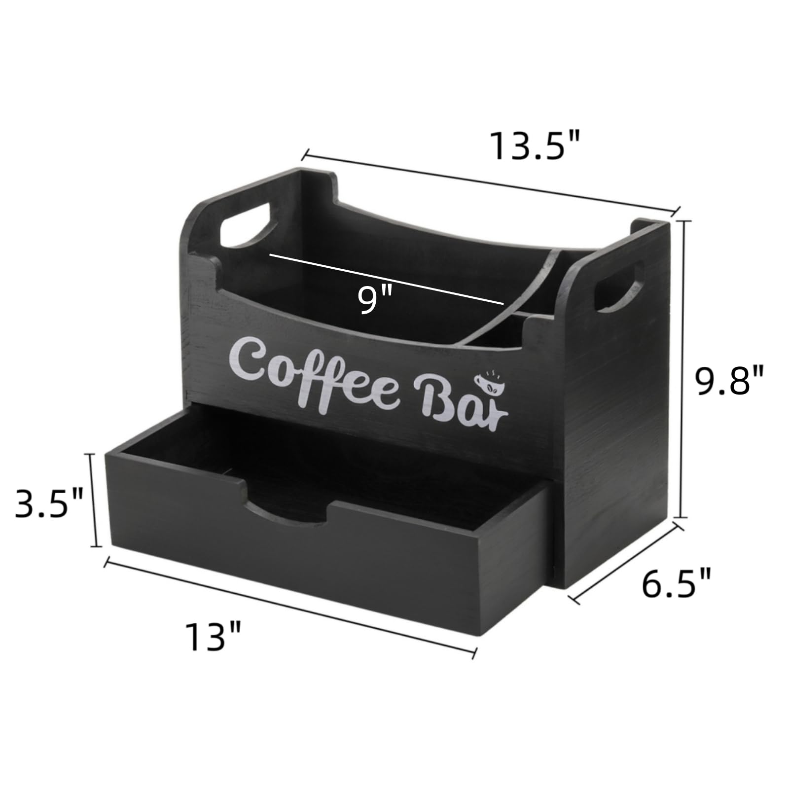 Dicunoy Wooden Coffee Bar Organizer with Drawer & Pod Holder - Black Kitchen Countertop Organizer for Coffee, Tea & Condiments - Perfect for Office Breakroom & Home Coffee Station