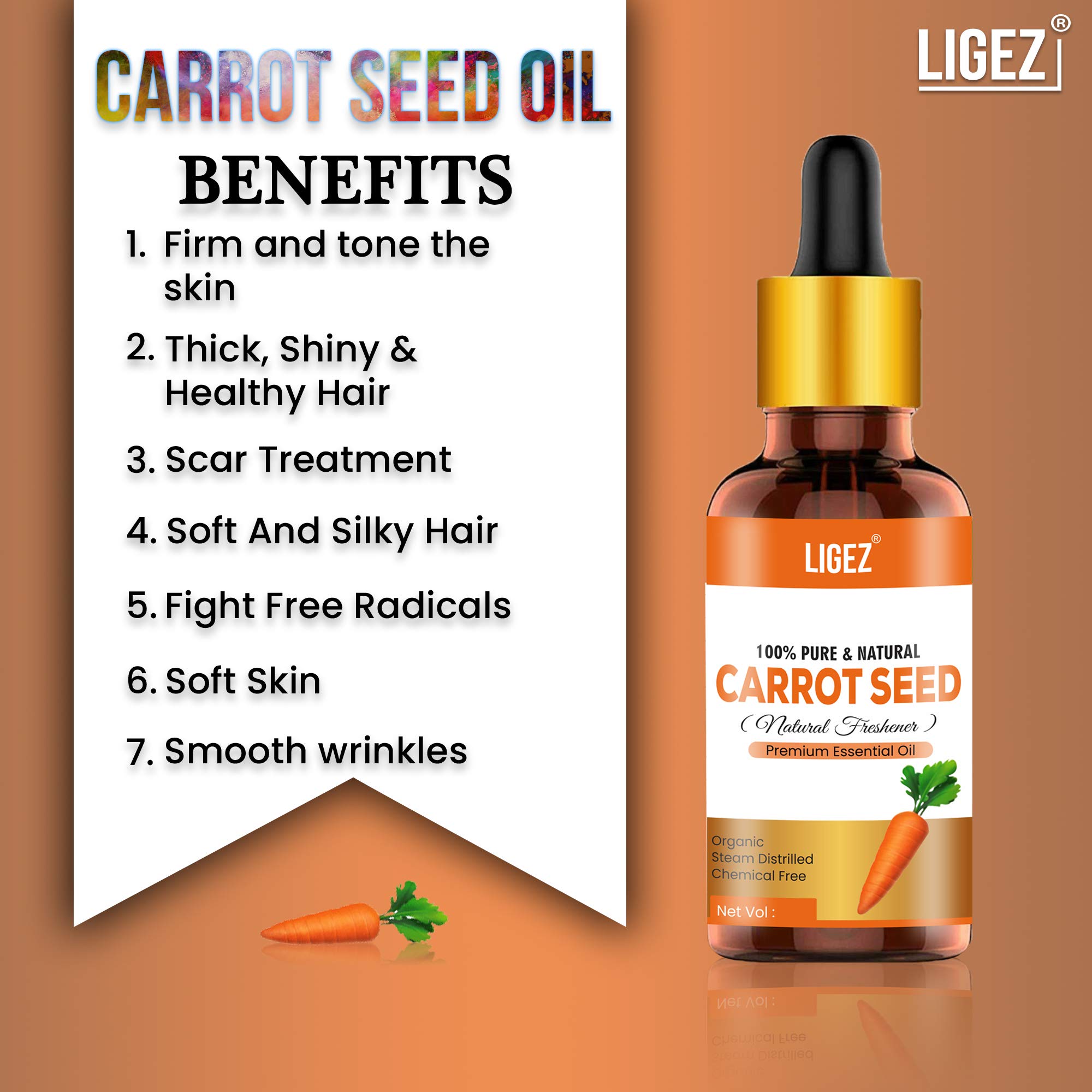 Ligez 100% Pure Carrot Seed Essential Oil - Undiluted, Natural for Skin Care & Hair Growth (30ml) - Perfect for Aromatherapy, Massage & DIY Beauty Products