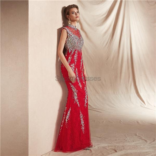 Elegant High Neck Red Beaded Mermaid Prom Dress for Evening Party & Formal Events - Perfect for Prom, Homecoming, and Special Occasions