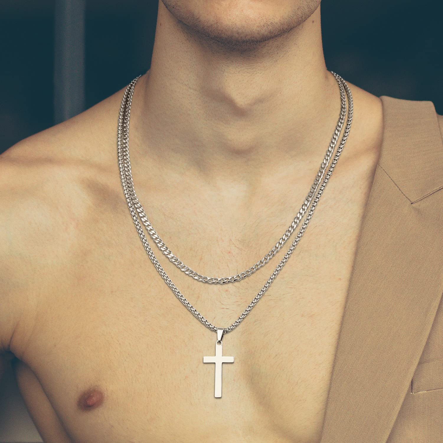 Stainless Steel Cross Pendant Necklace for Men - Gold, Silver & Black Layered Cuban Link Chain | Religious Jewelry Gifts for Him | Perfect for Church, Weddings & Everyday Wear