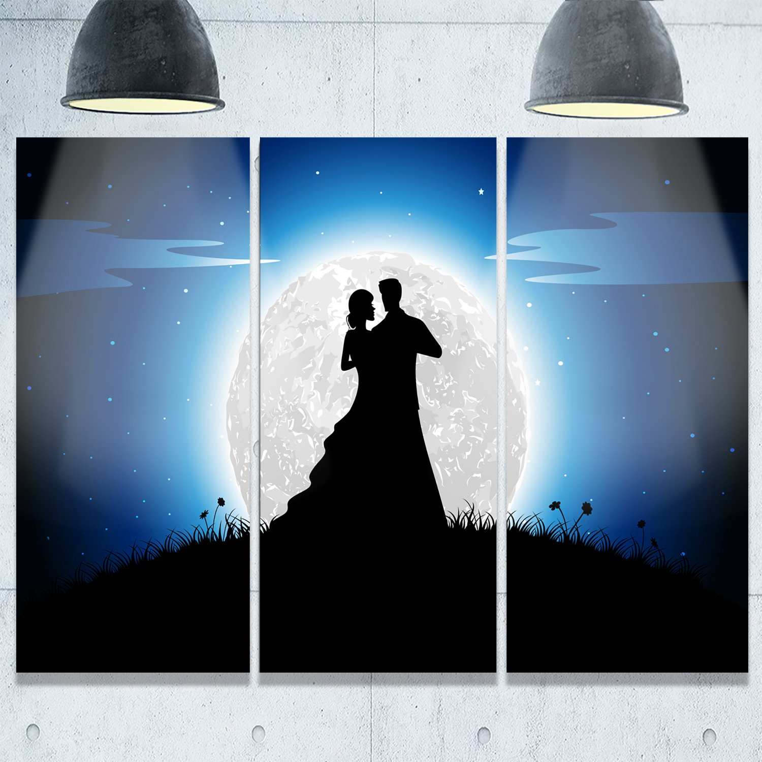 Designart MT9654-3P Romantic Couple Embrace Metal Wall Art Set - 3 Panel Blue Night Scene Decor (28''H x 36''W x 1''D) - Perfect for Bedroom, Living Room & Wedding Gift