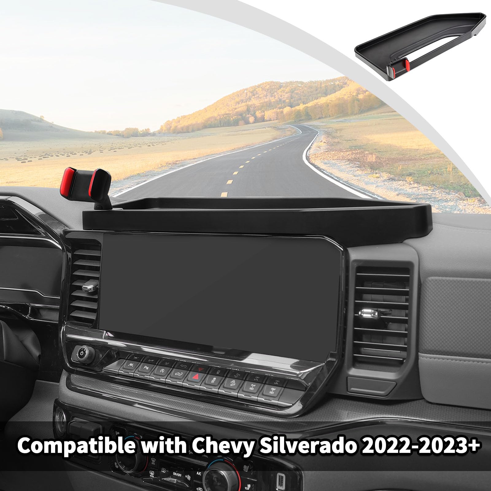 JWWY Universal Car Phone Holder Mount with Storage Tray - Dashboard Organizer for 2022-2025 Chevy Silverado & Other Vehicles - Black Interior Accessories (Perfect for Road Trips & Daily Commutes)
