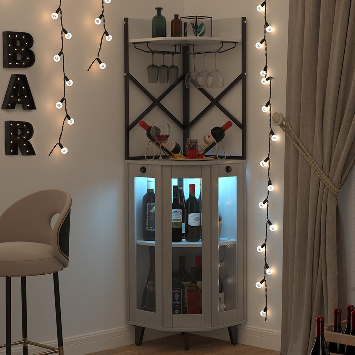 COCO DESIGN Lockable Corner Wine Cabinet with LED Light - 2 Glass Trays & 2 Wine Racks - Gray Bar Cabinet for Home, Kitchen, Dining Room, Farmhouse - Perfect for Wine Storage and Entertaining Guests