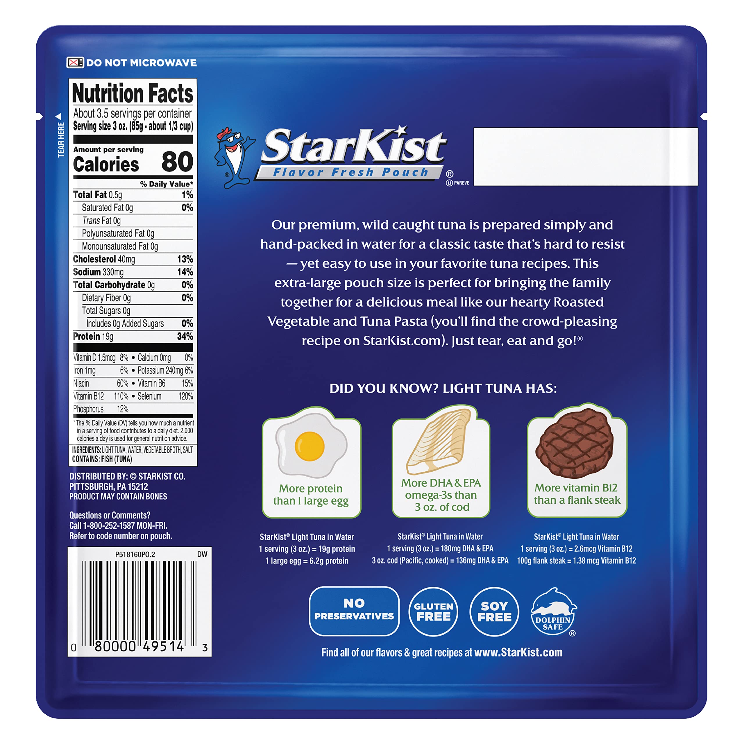 StarKist Chunk Light Tuna in Water - 12 Pack of 11 oz Pouch, High Protein, Low Mercury, Wild Caught Albacore Tuna for Salads, Sandwiches & Healthy Meal Prep