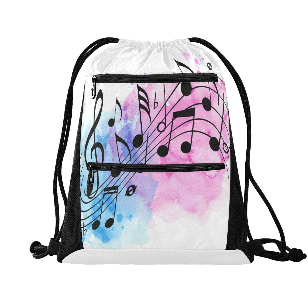 QMXO Abstract Music Notes Drawstring Backpack with Zip Pocket - Lightweight Gym Bag for Sports, Yoga, Travel - Unisex Daypack for Men, Women, Boys & Girls - Perfect for School, Workout, Beach & Outdoor Activities