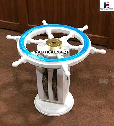 Distressed White Nautical Wooden Ship Wheel Coffee Table with Pulley Base - Rustic Coastal Home Decor for Living Room, Beach House, or Office