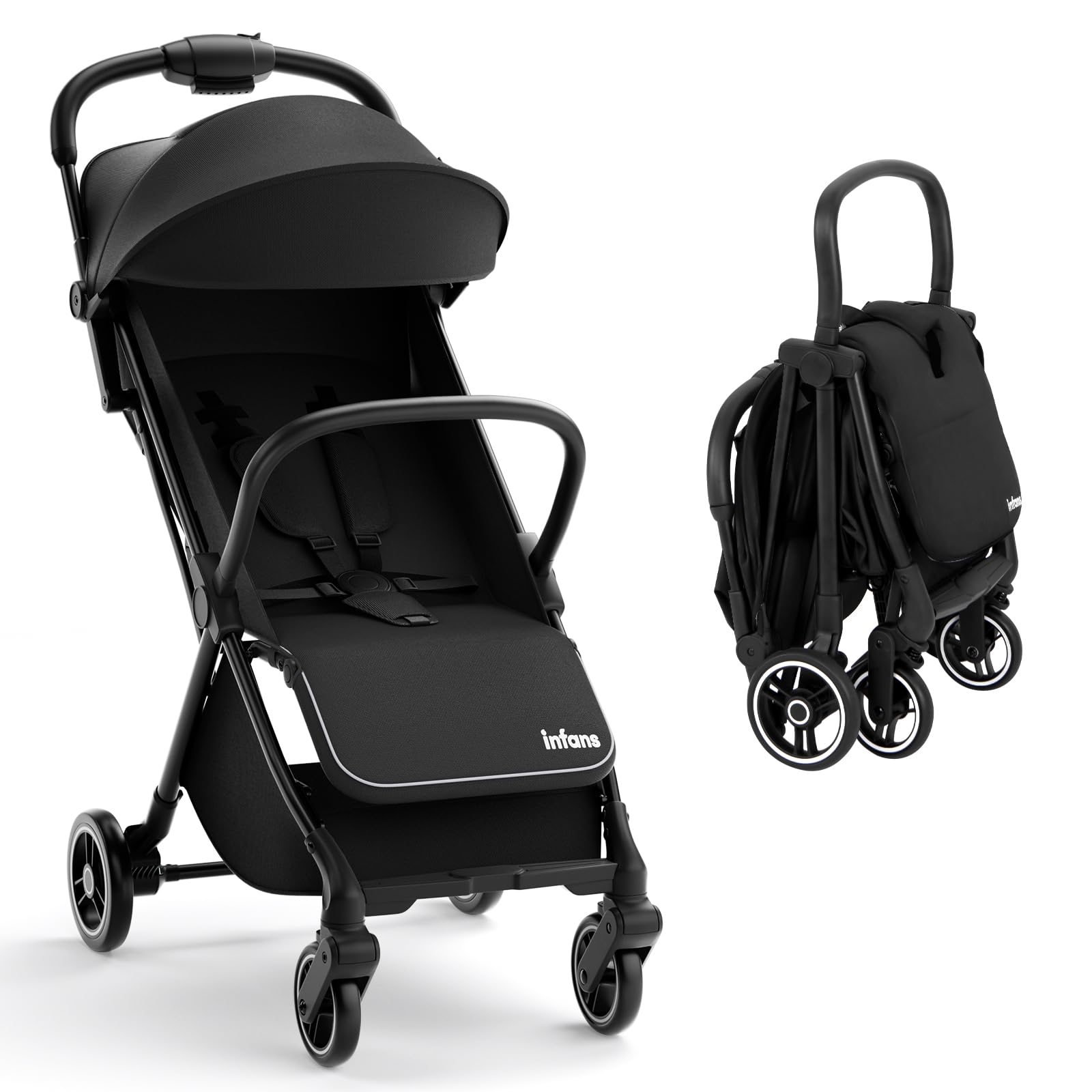 INFANS Lightweight Baby Stroller - Ultra Compact Foldable Travel Stroller for Airplane, One-Hand Gravity Fold with Near Flat Recline Seat, Suitable for Infants 0-36 Months | Perfect for Travel, Shopping & Daily Walks