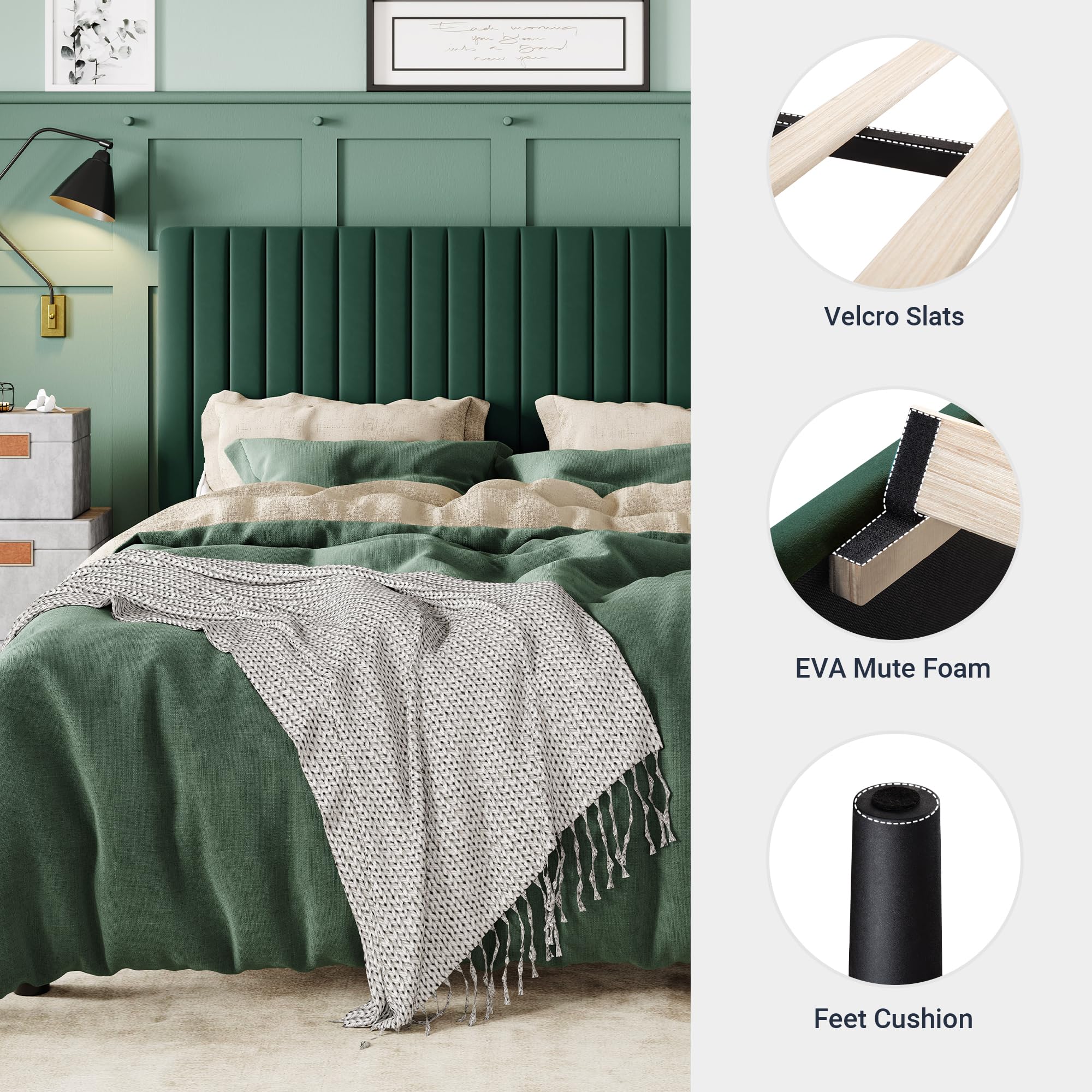 Allewie Queen Bed Frame - Velvet Upholstered Platform Bed with Adjustable Tufted Headboard & Wood Slat Support | No Box Spring Needed | Easy Assembly | Emerald Green | Perfect for Master Bedrooms, Guest Rooms & Apartment Living