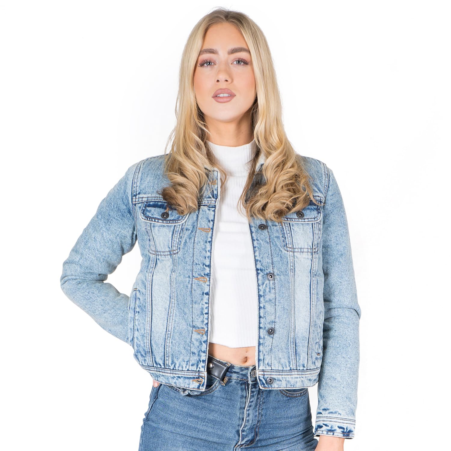NOROZE Women's Sherpa Lined Denim Jacket - Warm Fleece Lined Trucker Coat for Women, Casual Distressed Jean Jacket with Cozy Sherpa Lining (Perfect for Fall, Winter & Outdoor Activities)