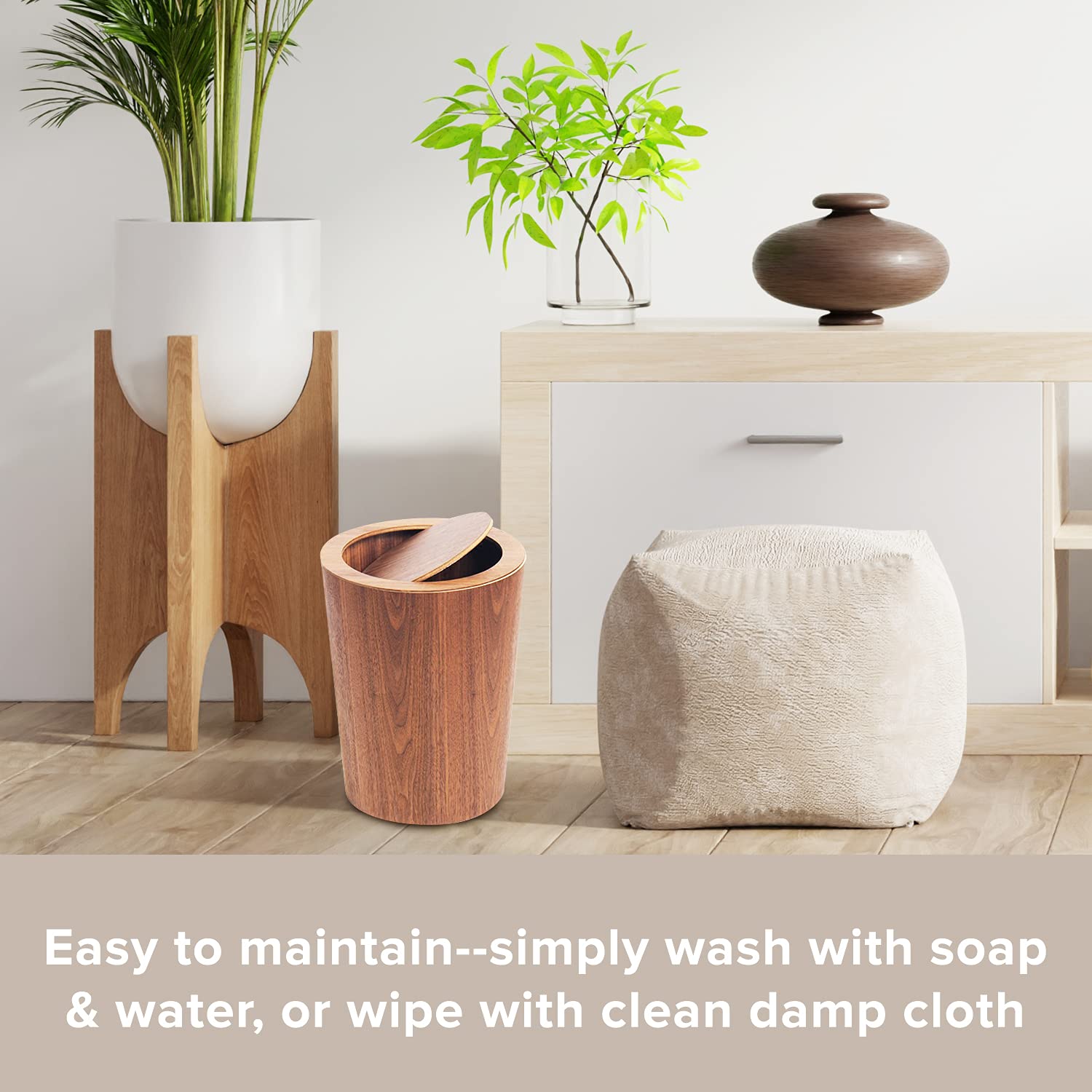 Modern Round Trash Can with Lid - Wood Grain Waste Basket in Walnut - 9.25