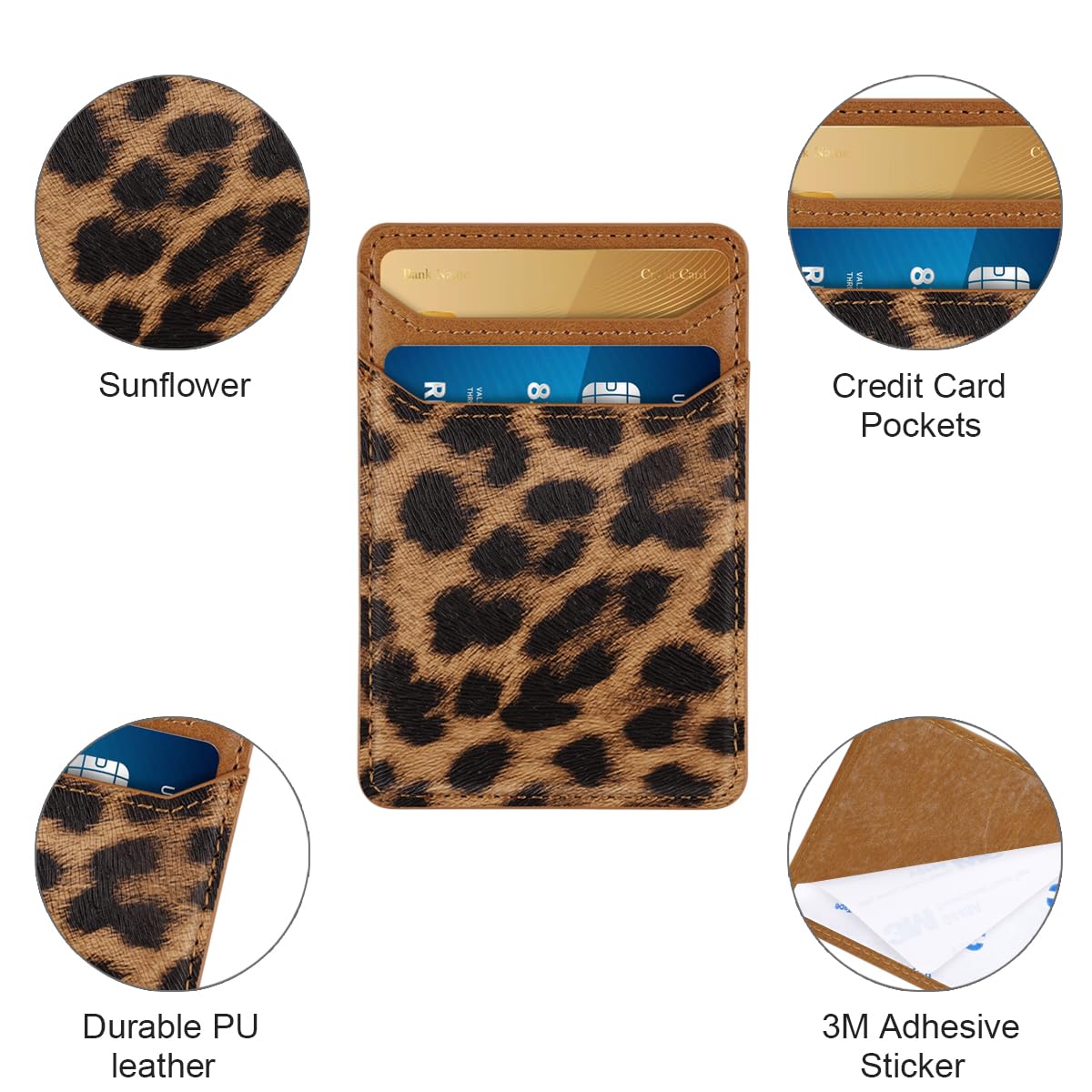 Self Adhesive Card Holder for Phone Back - Genuine Leather RFID Blocking Wallet Pocket with Strong Adhesive - Credit Card Sleeve for iPhone & Samsung Cases (Leopard Print) - Perfect for Hands-Free Shopping, Travel & Contactless Payments