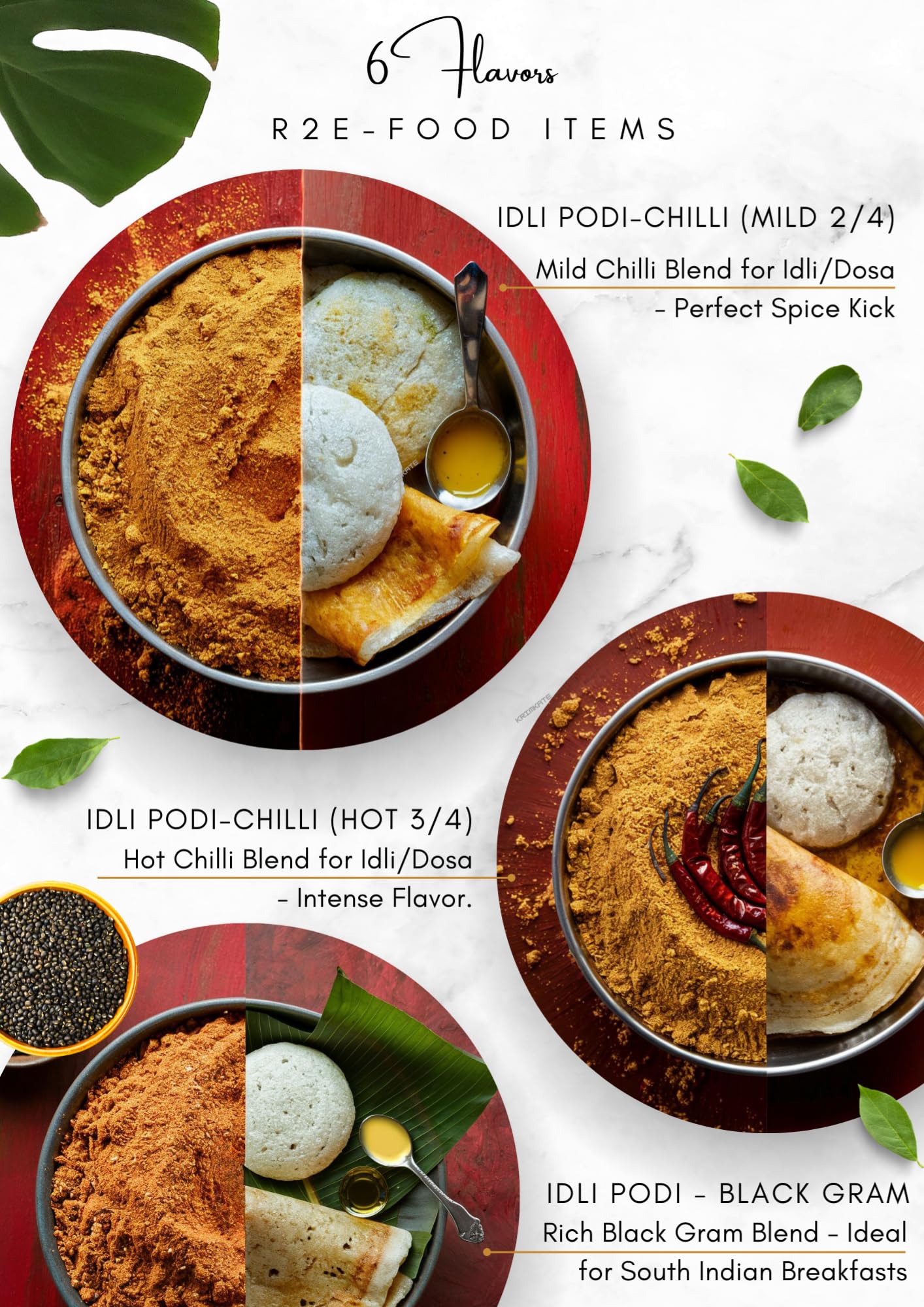 6 Flavors Idli Podi Chutney Powder - 250g Spicy Chili (Level 2/4) | Antioxidant-Rich, Vegan & Gluten-Free South Indian Seasoning | No Onions, Garlic or Preservatives | Perfect for Idli, Dosa, Rice & Snacks | Authentic Indian Spice Blend for Home Cooking