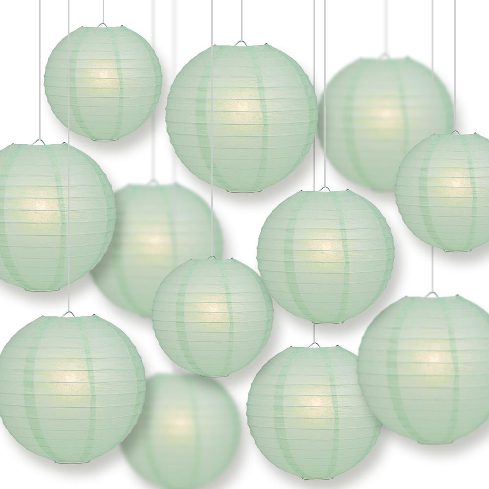 12 Pack Cool Mint Green Chinese Paper Lanterns - 12/10/8 Inch Hanging Wedding & Party Decorations Set for Indoor/Outdoor Events, Birthday Parties, Garden Decor