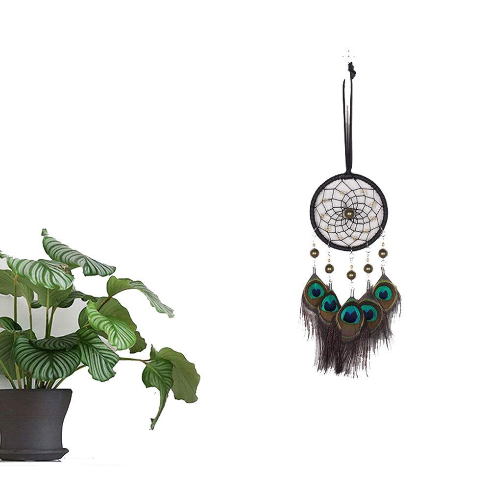 Handmade Dream Catcher with Peacock Feathers - Boho Wall Hanging Decor for Bedroom, Nursery, Living Room & Car - Natural Wind Chimes for Home & Office Decoration