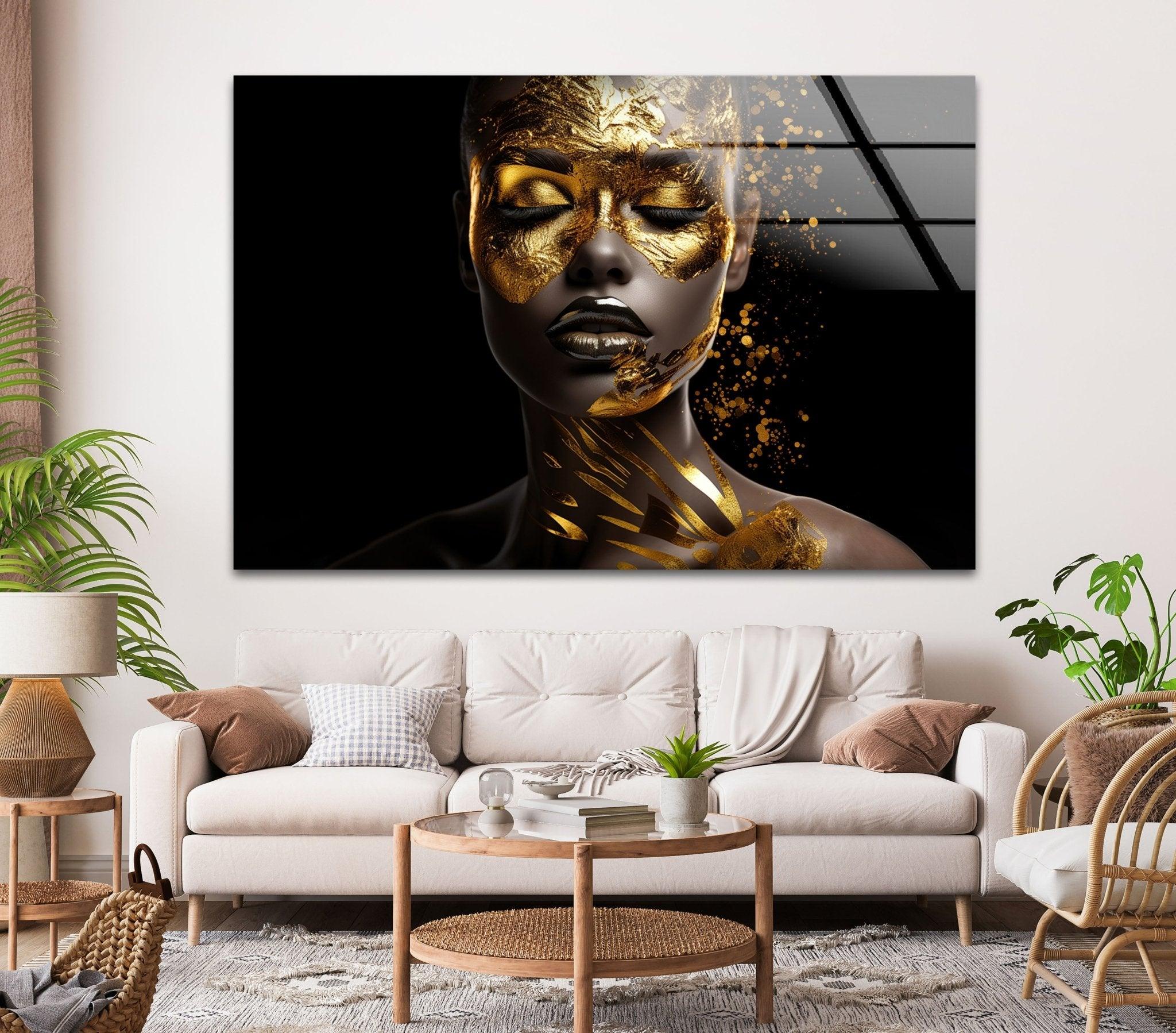 African Woman Portrait with Gold Face - Elegant Glass Wall Art for Living Room, Bedroom & Office Decor