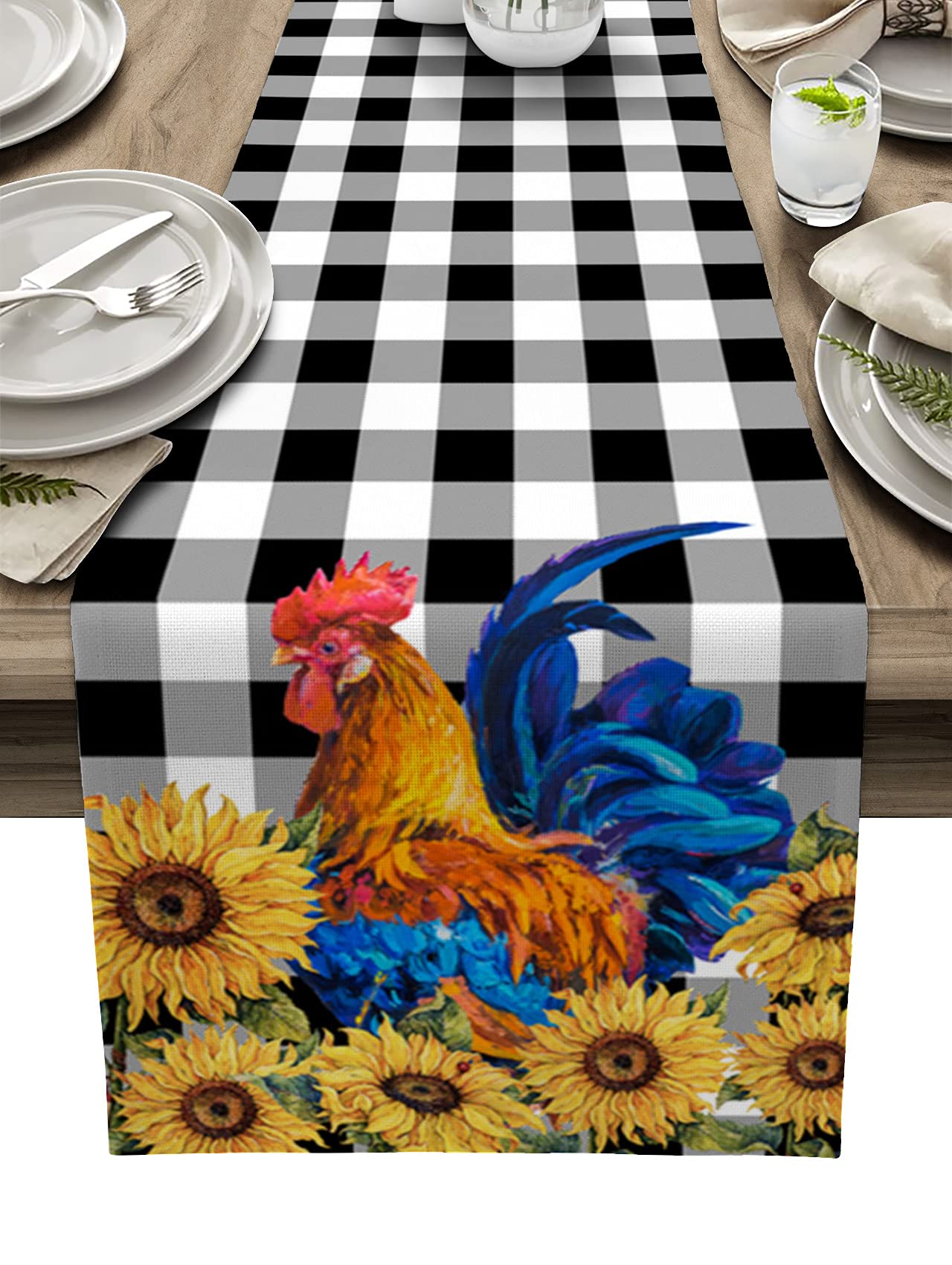 18x72 Inch Farmhouse Table Runner - Rooster Sunflower Buffalo Plaid Kitchen & Dining Table Decor for Farmhouse, Rustic Dinner Party & Holiday Table Setting