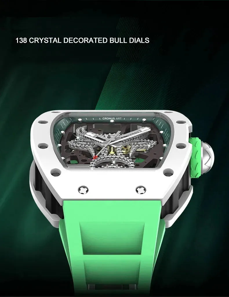 Luxury CRONUSART Men's Automatic Skeleton Watch - Tonneau Carbon Fiber Case, Luminous Dial, Fluororubber Strap - Perfect for Business, Formal & Casual Wear