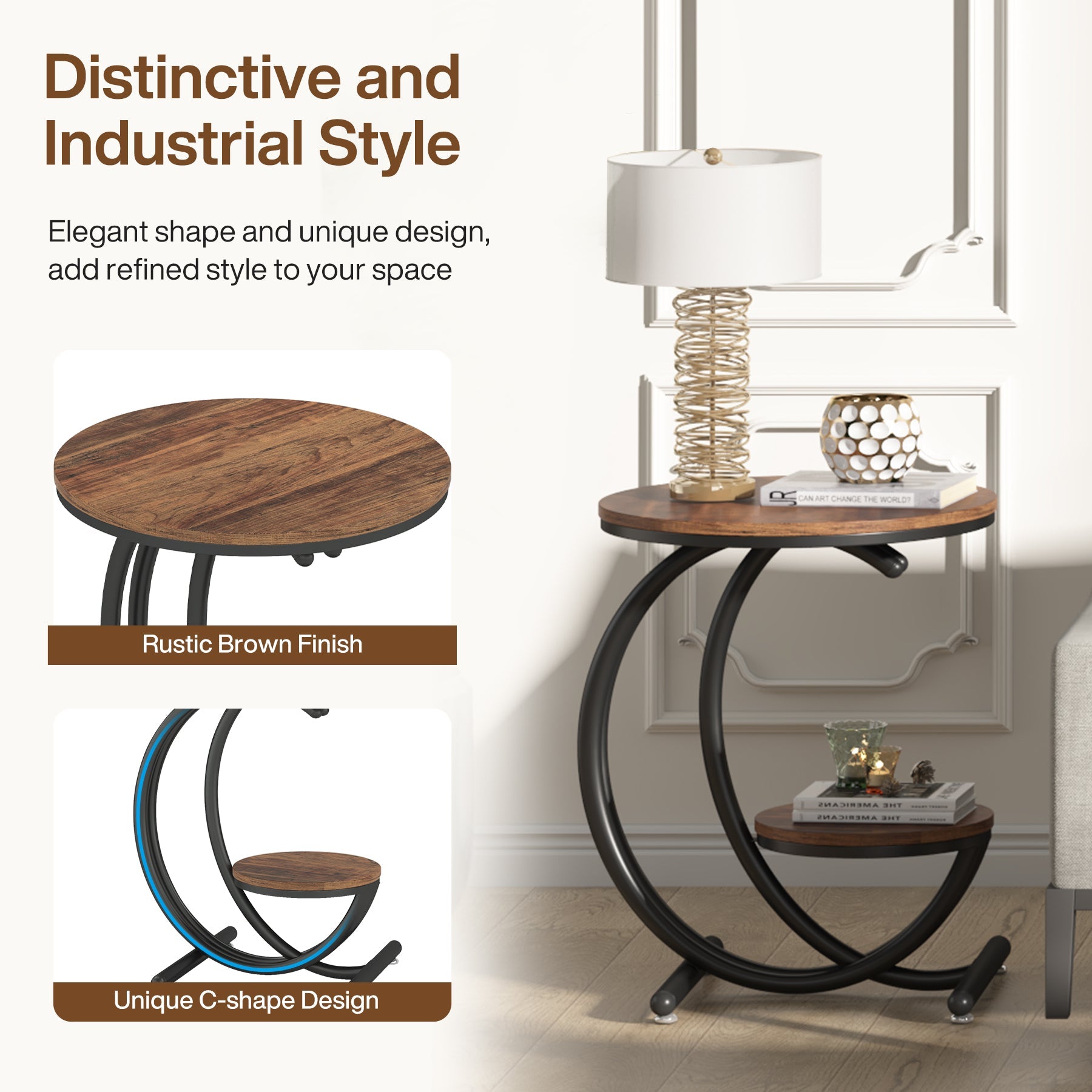 2 Tier End Table with C-Shaped Frame - Small Accent Side Table for Living Room, Bedroom & Office - Modern Nightstand with Storage Shelf