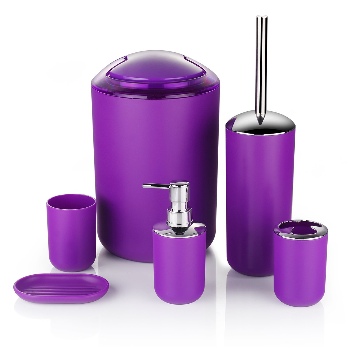 6-Piece Modern Bathroom Set - Trash Can, Toothbrush Holder & More for Home Decor (Purple)