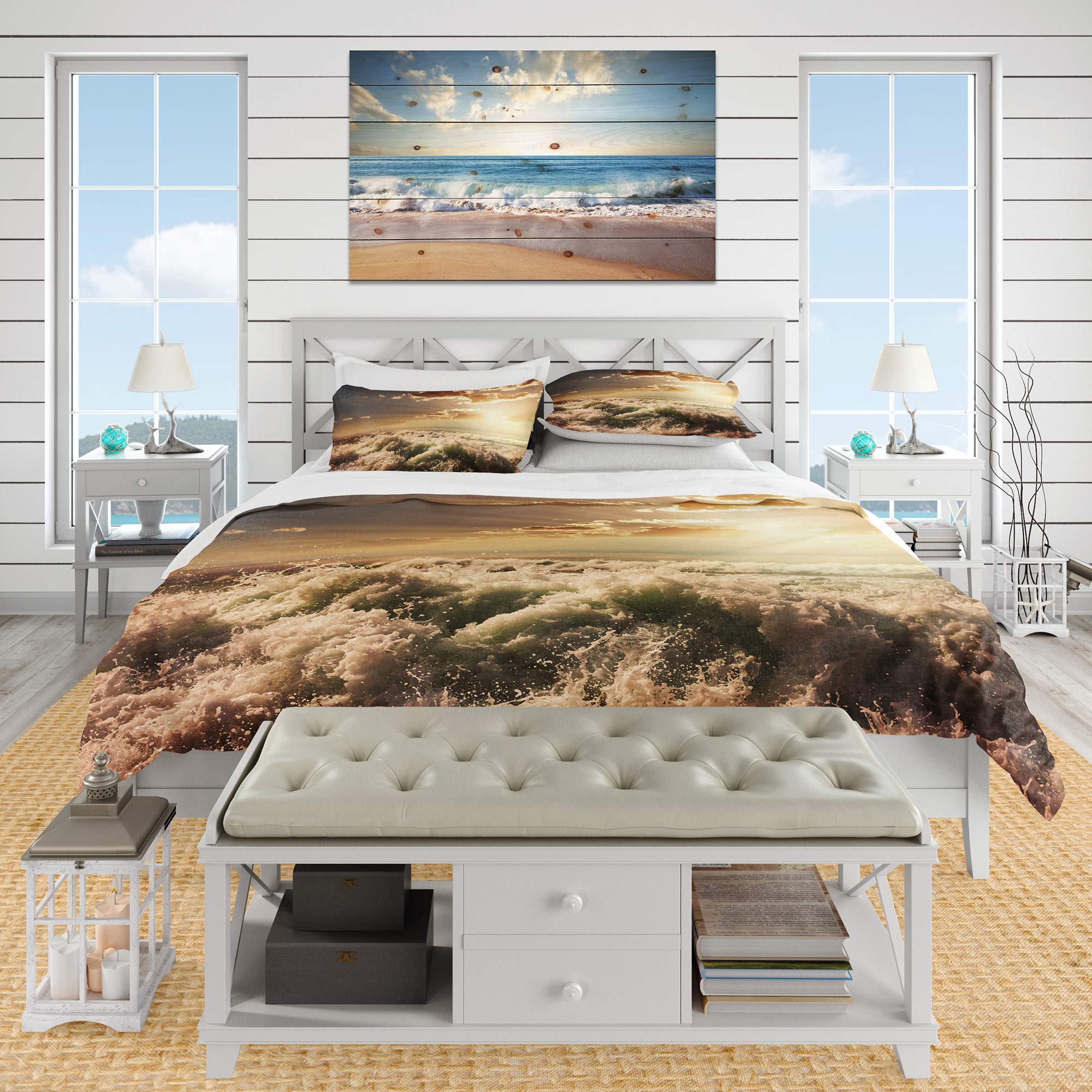 Troubled White Waves on Beach Nautical & Coastal Duvet Cover Set - King Size White Beach Bedding 3-Piece Set for All Seasons | Perfect for Coastal Themed Bedrooms, Guest Rooms & Vacation Homes