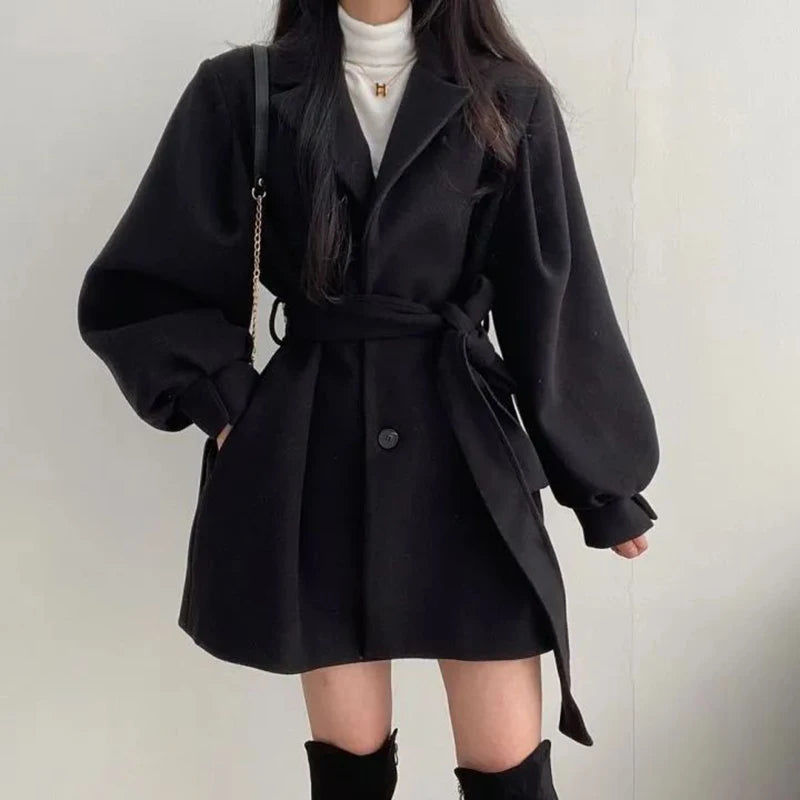 Women's Wool Blend Trench Coat with Lace-Up Front, Turn-Down Collar & Pockets – Warm Winter Long Sleeve Overcoat for Office, Dating & Fall Fashion