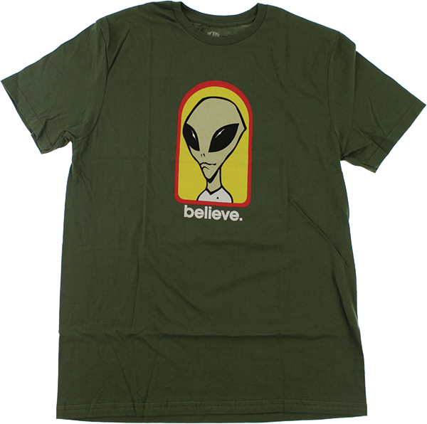 Alien Workshop Believe Graphic T-Shirt - Medium Size, Olive/Yellow/Red - Casual Streetwear for Men & Women | Perfect for Skateboarding, Concerts, and Everyday Wear