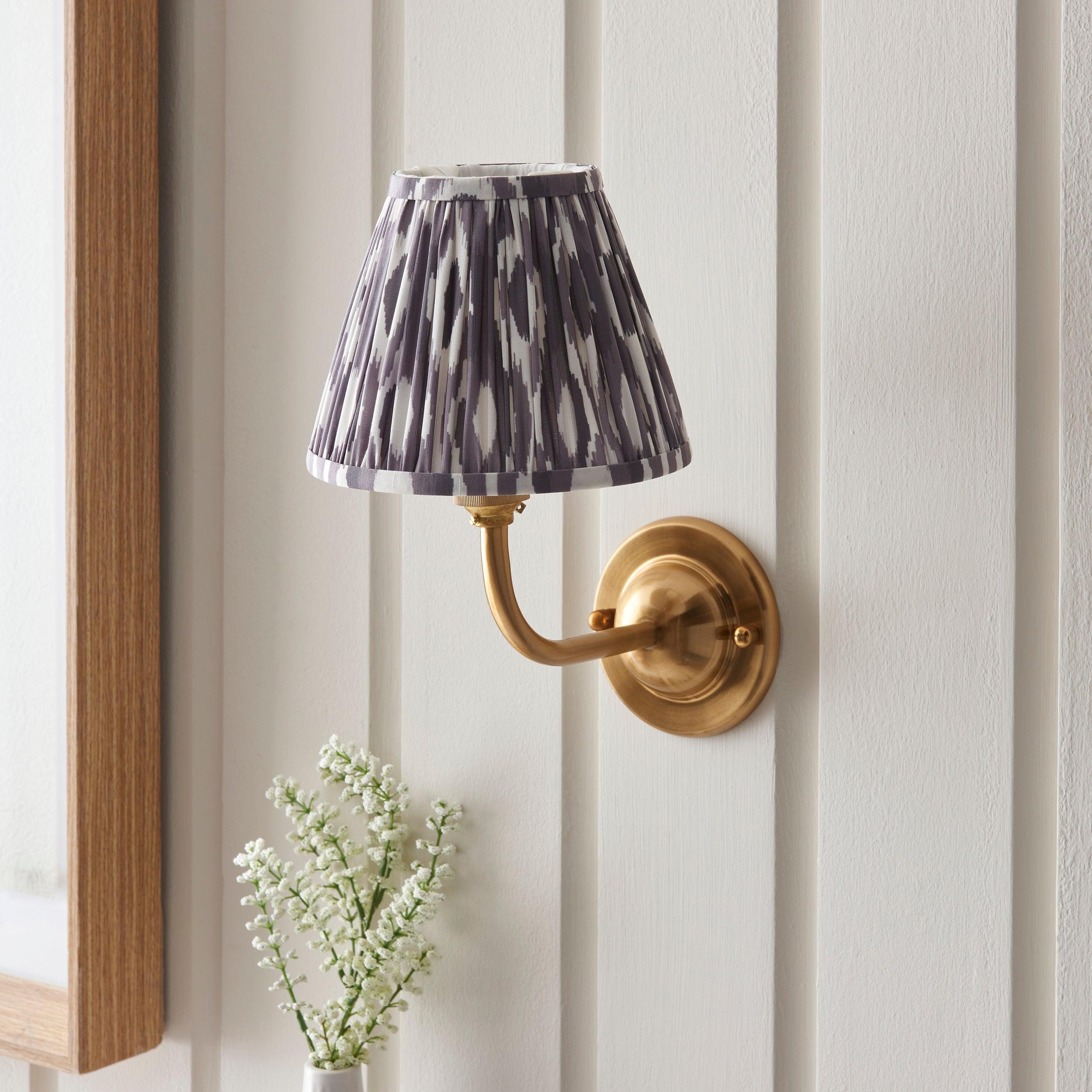 Vintage Dome Arc Brass Wall Light with 16cm Ikat Pearl Grey Shade - Perfect for Bedroom, Living Room & Hallway Lighting