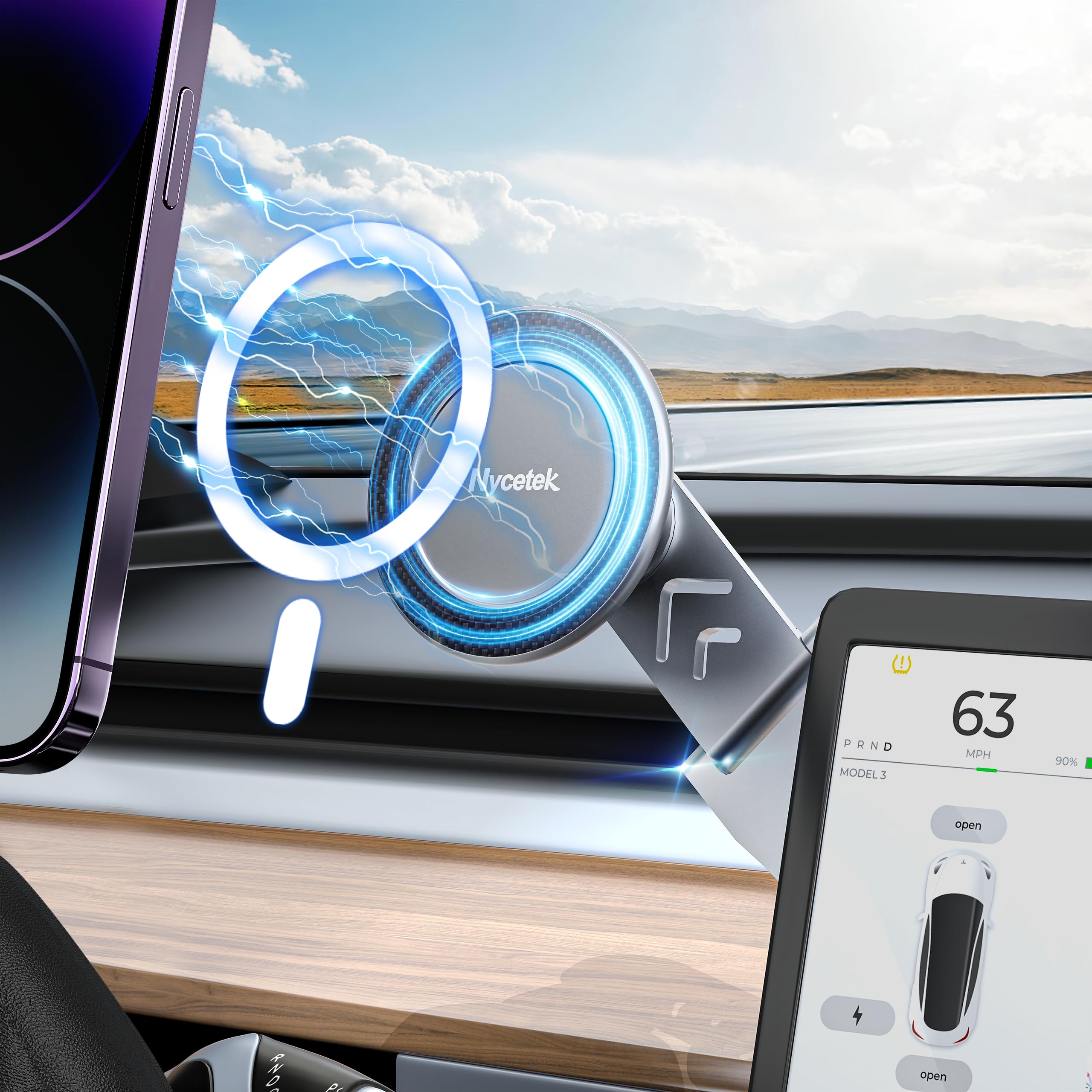 Nycetek Tesla Phone Mount Holder for MagSafe - Super Strong Suction Dashboard Magnetic Car Mount Compatible with iPhone 15/14/13/12 Pro Max & Samsung Galaxy - Foldable Alloy Design for Tesla Model Y/3/S/X Accessories 2023 - Perfect for Hands-Free Navigation & Streaming While Driving