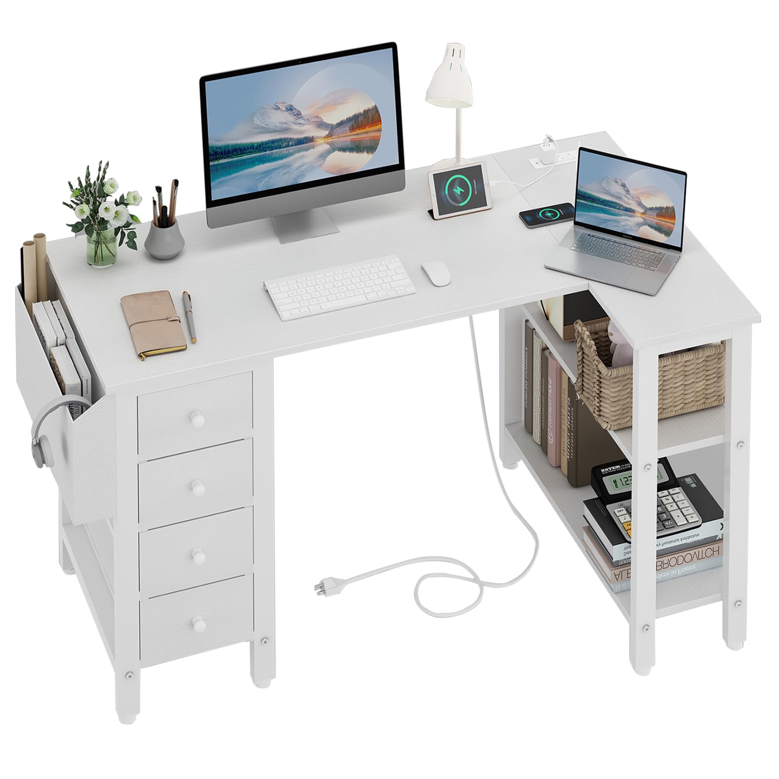 L-Shaped Computer Desk with Drawers & Storage Shelves - 47 Inch Corner Reversible Office Desk with Power Outlet, White Workstation for Home Office, Bedroom, or Teen Study Room - Perfect for Small Spaces & Multi-Tasking