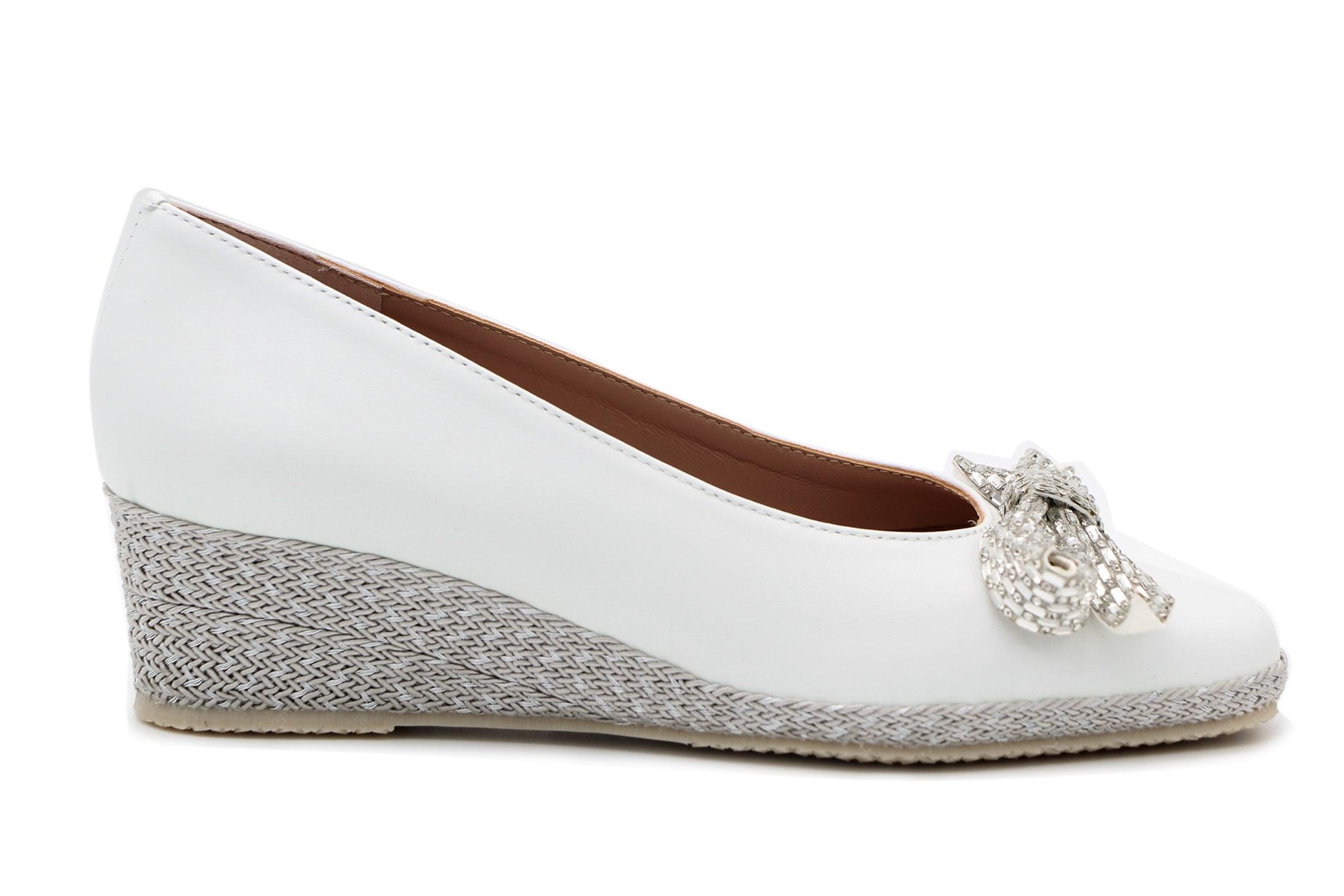 Bruno's Women's White Leather Wedge Shoes with Bow - Comfortable Casual & Dressy Heels for Work, Parties, and Everyday Wear