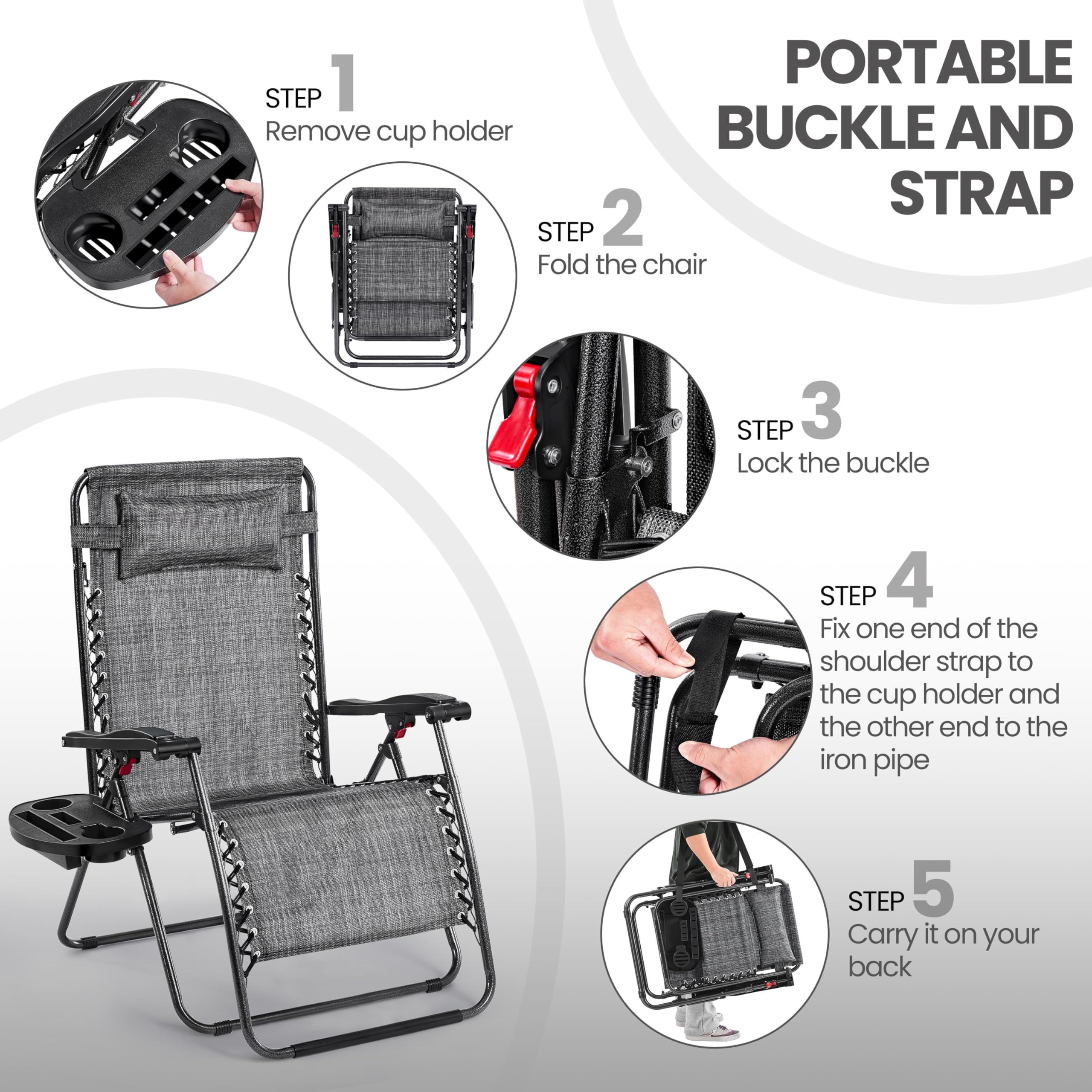 Yaheetech 29 Inch Zero Gravity Chair with Pillow, Cup Holder & Carry Strap - Adjustable Foldable Recliner for Outdoor, Patio, Lawn, Poolside & Beach - Gray (Set of 2) - Perfect for Relaxing, Sunbathing and Backyard Lounging