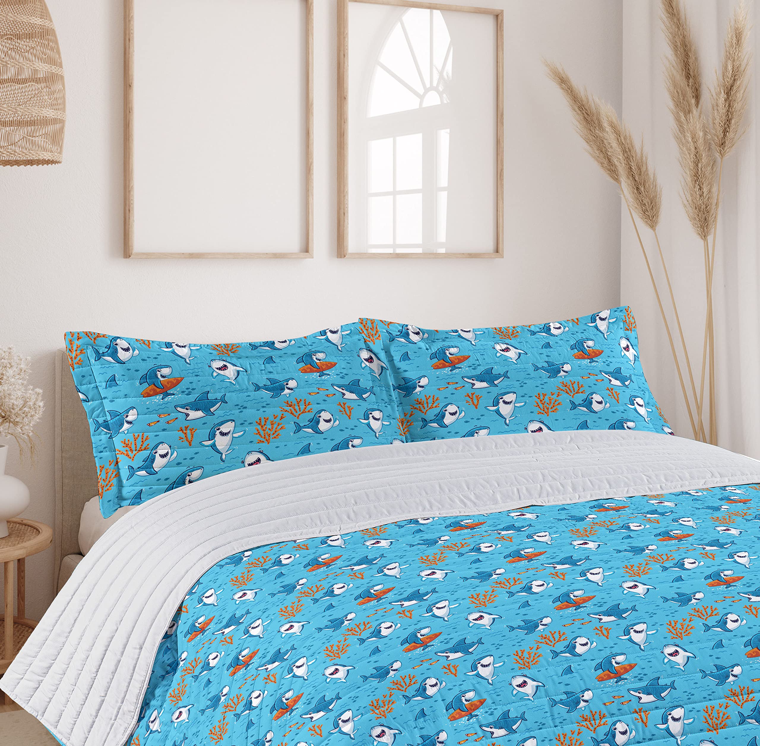 Ambesonne Shark Microfiber Bedspread Set - Underwater Fantasy World with Playful Fish Characters & Cheerful Mascots | Soft Queen Size Bedding Set Includes Pillow Shams & Comforter in Blue White Orange | Perfect for Kids' Rooms, Beach Themed Decor & Shark Lovers