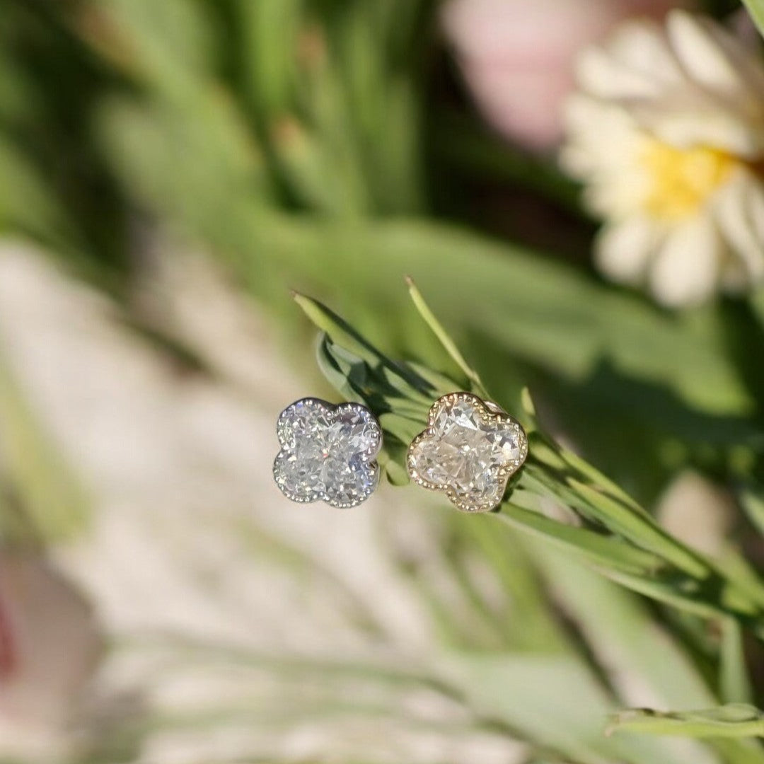 14K Solid Yellow Gold Gemstone Clover Flat Back Stud Earrings with Milgrain Detailing – Perfect for Everyday Wear, Gifts & Special Occasions