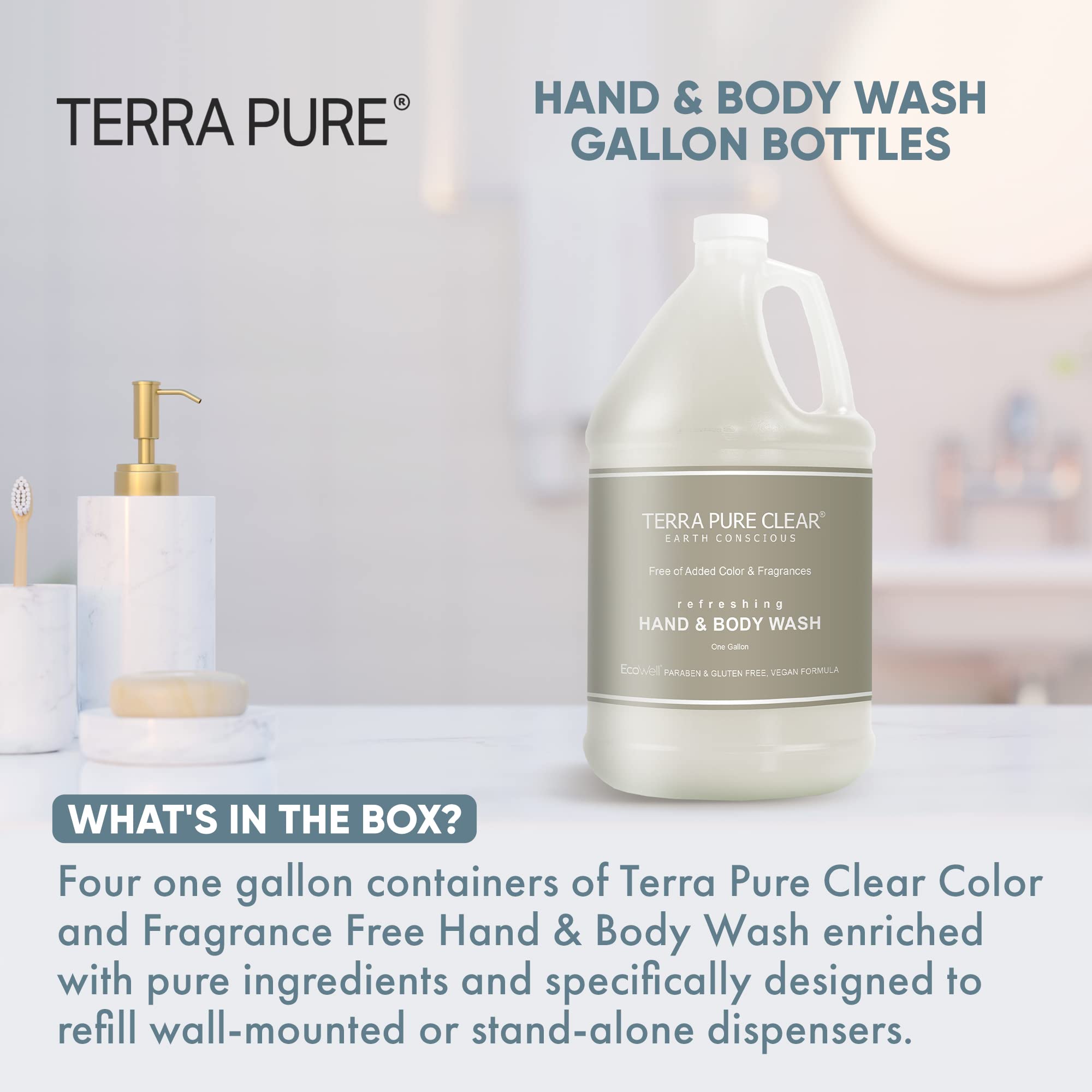 Terra Pure Clear Fragrance-Free Gallon Hand & Body Wash (4 Pack) - Gentle Cleansing for Sensitive Skin, Ideal for Home, Spa & Commercial Use