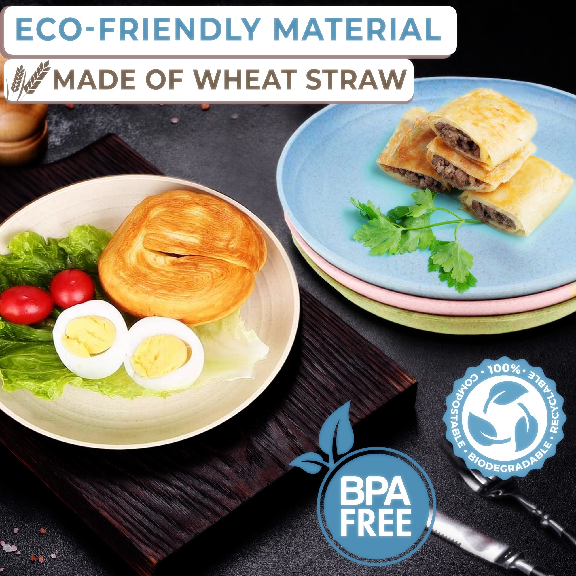 HYQO 4-Piece Wheat Straw Dinner Plate Set - 9 Inch Eco-Friendly Plates, Microwave & Dishwasher Safe, Lightweight & Durable for Camping, Picnics, Kitchen & Daily Use - BPA-Free Plastic Alternative