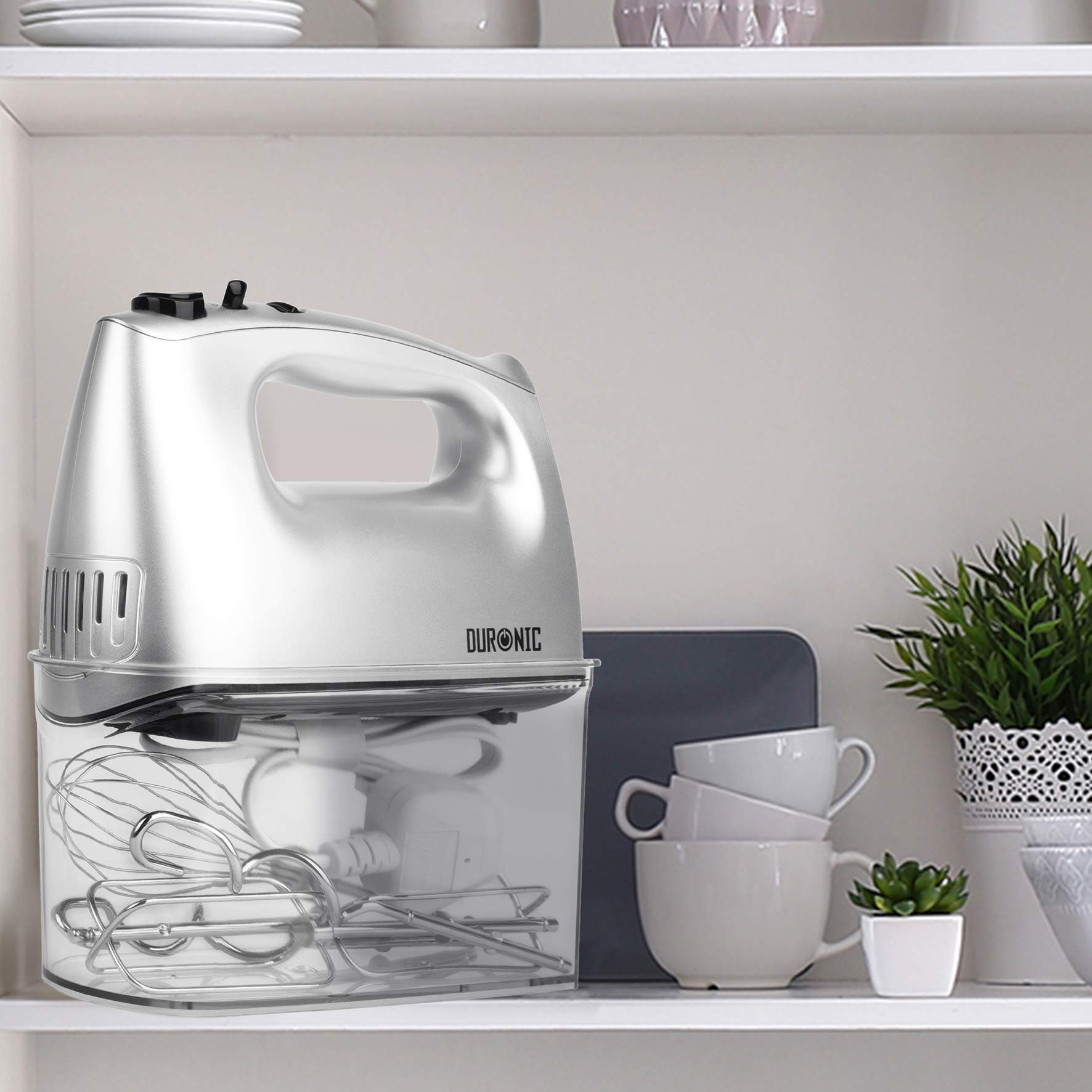 Duronic HM4 SR 400W Electric Hand Mixer - Powerful Kitchen Mixer for Baking, Dough, Eggs & Cream with Whisk & Beater Attachments | Includes Storage Case | Perfect for Home Bakers & Cooking Enthusiasts (Silver)