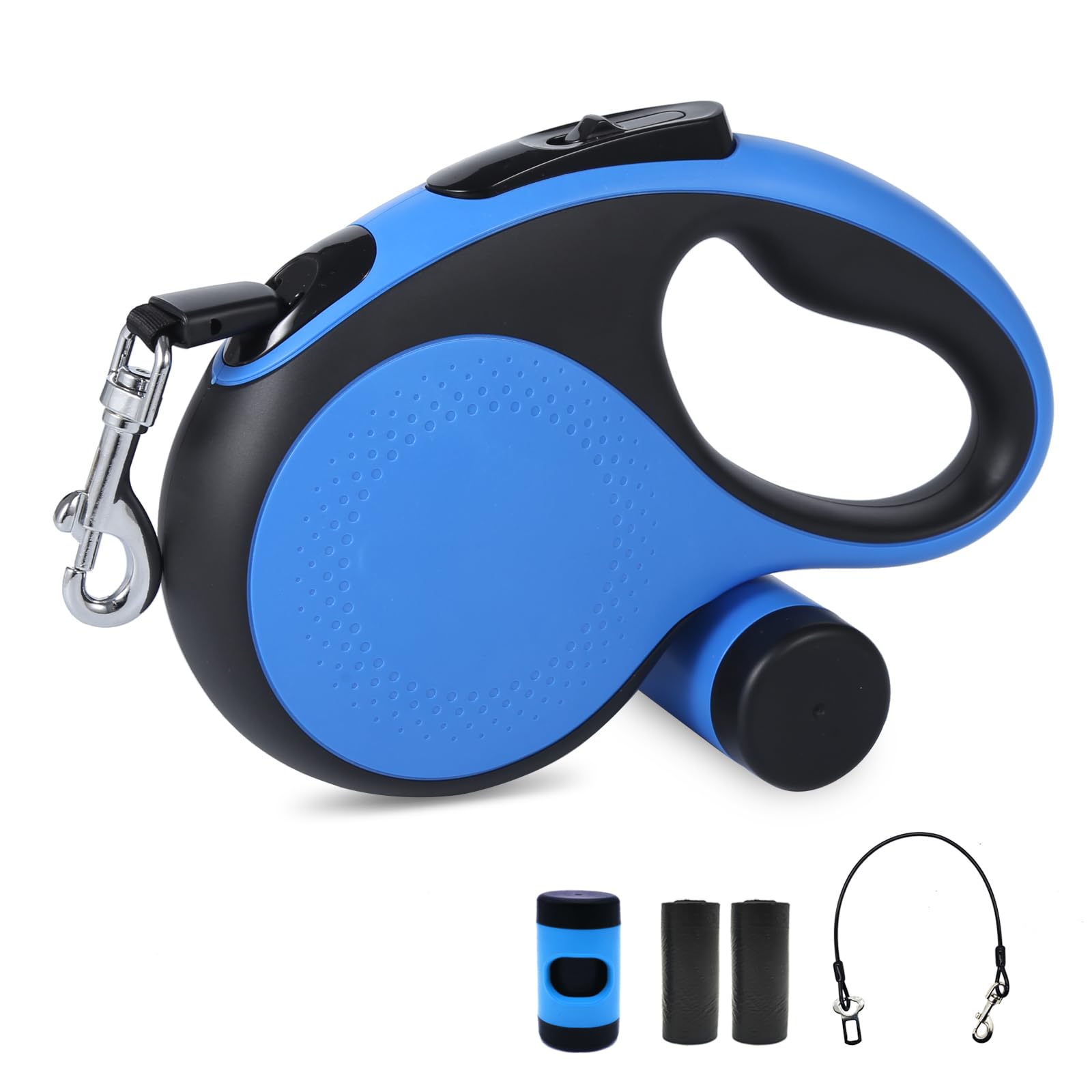 26Ft Retractable Dog Leash with Chew Proof Cable - Heavy Duty Nylon Tape Leash for Medium to Large Dogs up to 110lbs - Tangle-Free Design with One-Handed Brake & Removable Poop Bag Dispenser - Perfect for Walking, Running, Hiking and Outdoor Adventures (Blue)