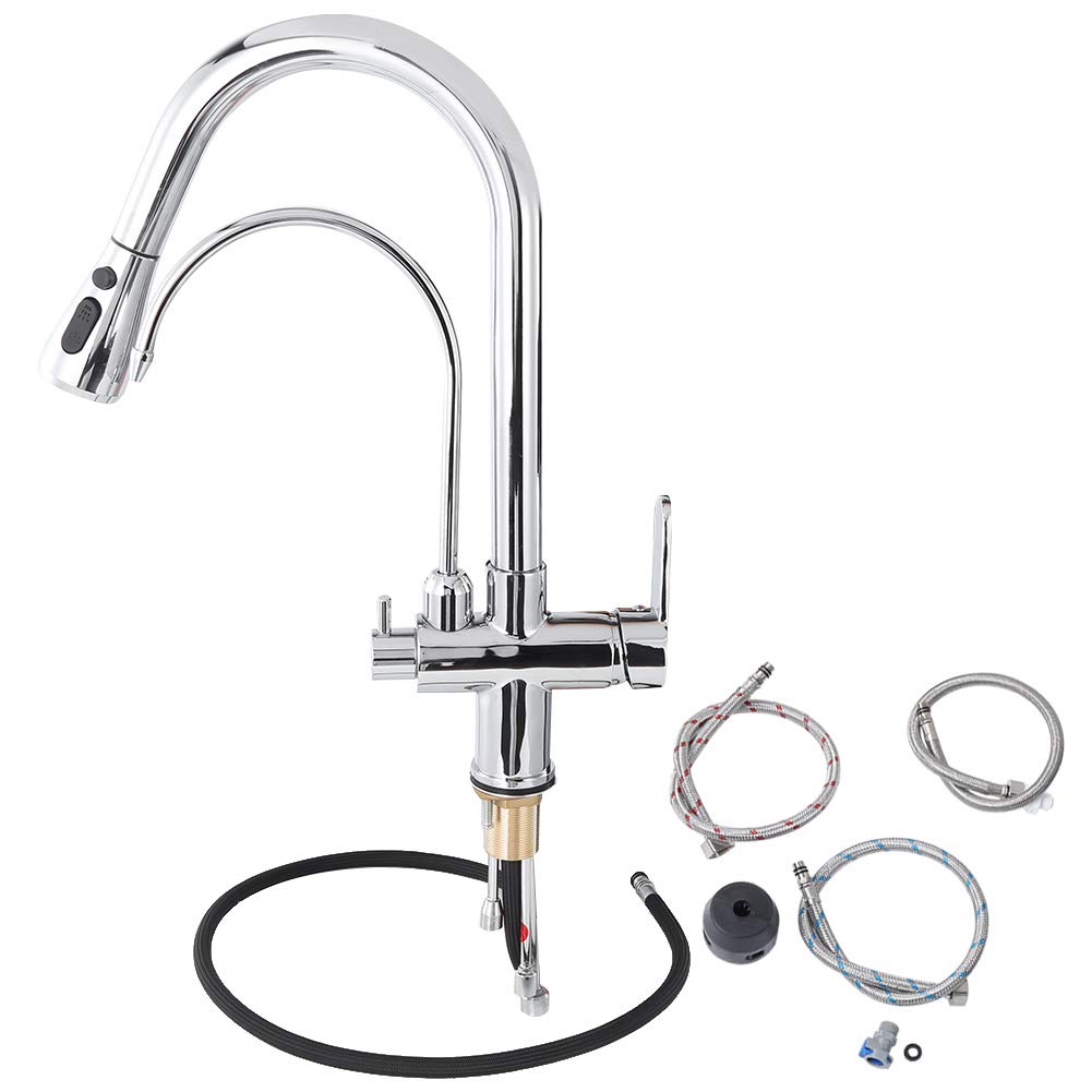 Modern G1/2 Thread Double Handle Pull-Down Kitchen Faucet - 3-in-1 Plated Sink Faucet with Hot & Cold Water Control for Contemporary Kitchens