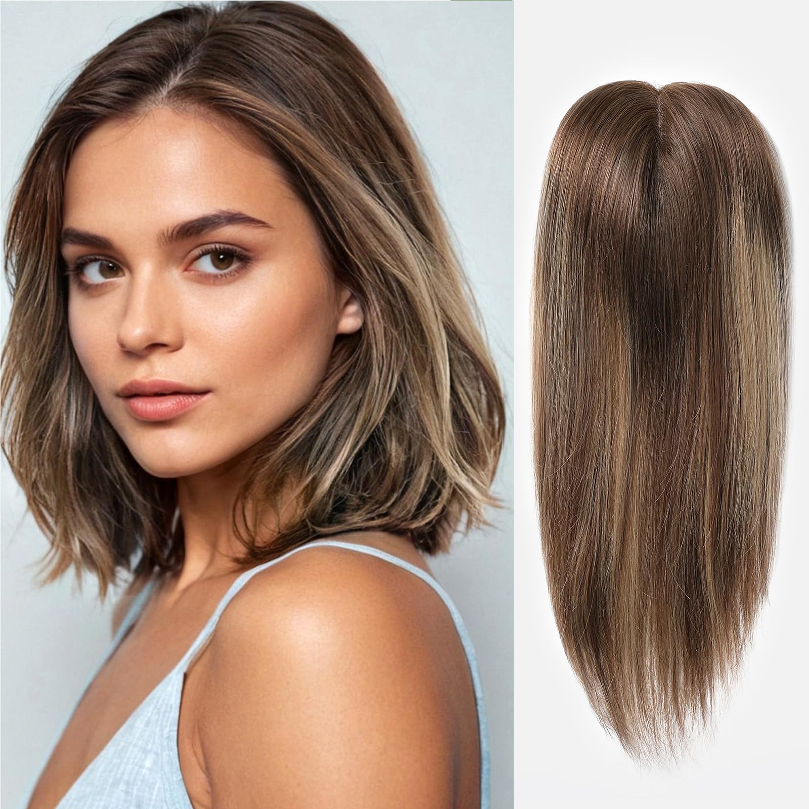 DWY 100% Human Hair Toppers for Women - Mono Top Hand-Tied Lace Base with 3 Clips - Hair Loss Solution for Thinning Hair - Ombre Brown Highlight (14 Inch) - Perfect for Daily Wear, Special Occasions & Confidence Boosting