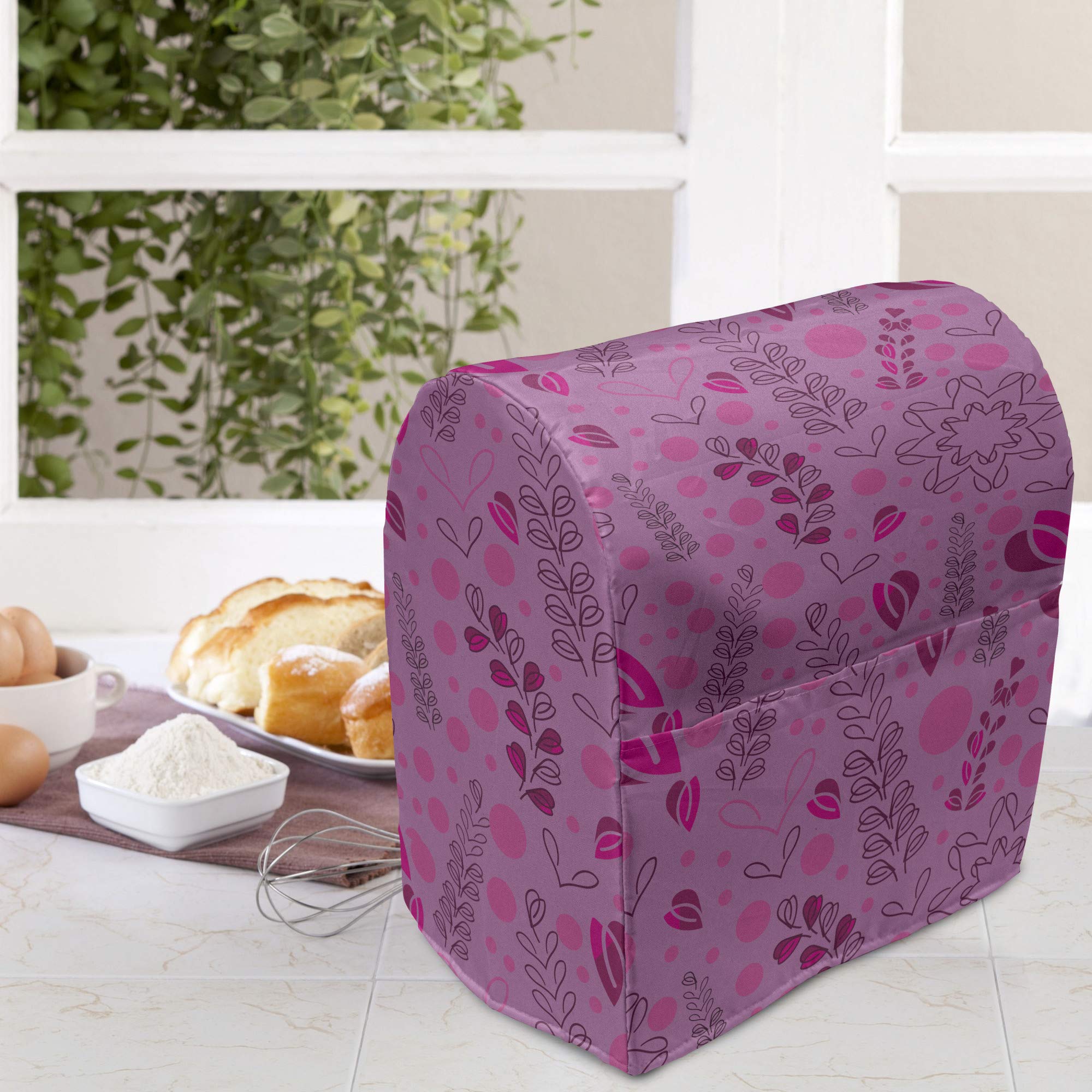 Ambesonne Botany Stand Mixer Cover - Sketch Style Leaves, Twigs, Berries & Circles Design, Kitchen Appliance Organizer with Pocket, Fits 6-8 Quart Mixers, Pale Fuchsia Hot Pink - Perfect for Baking, Cooking & Kitchen Organization
